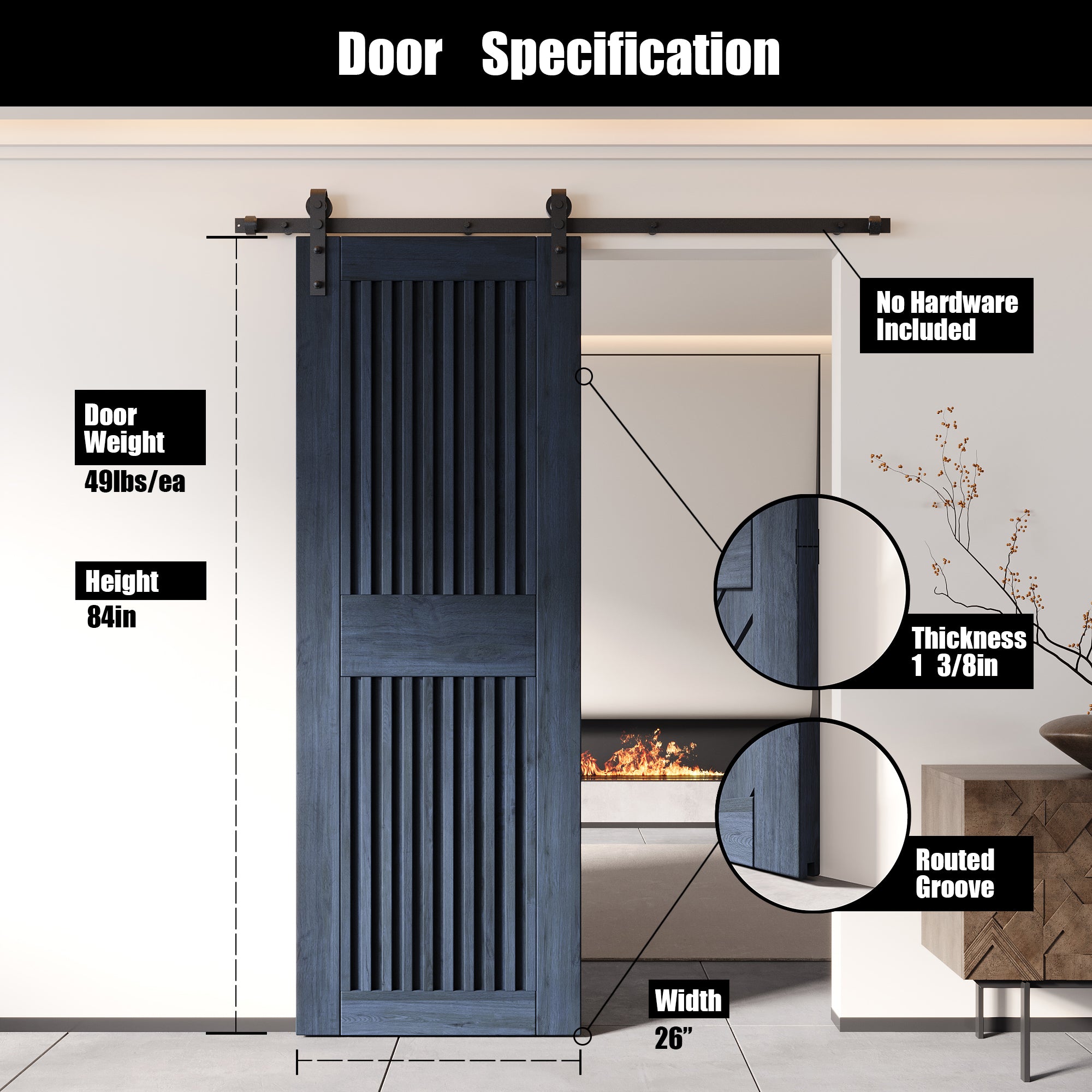 84" Height Navy Vertical Stripe Design Unassembled & Finished Pine Wood Barn Door (Interior Use Only)