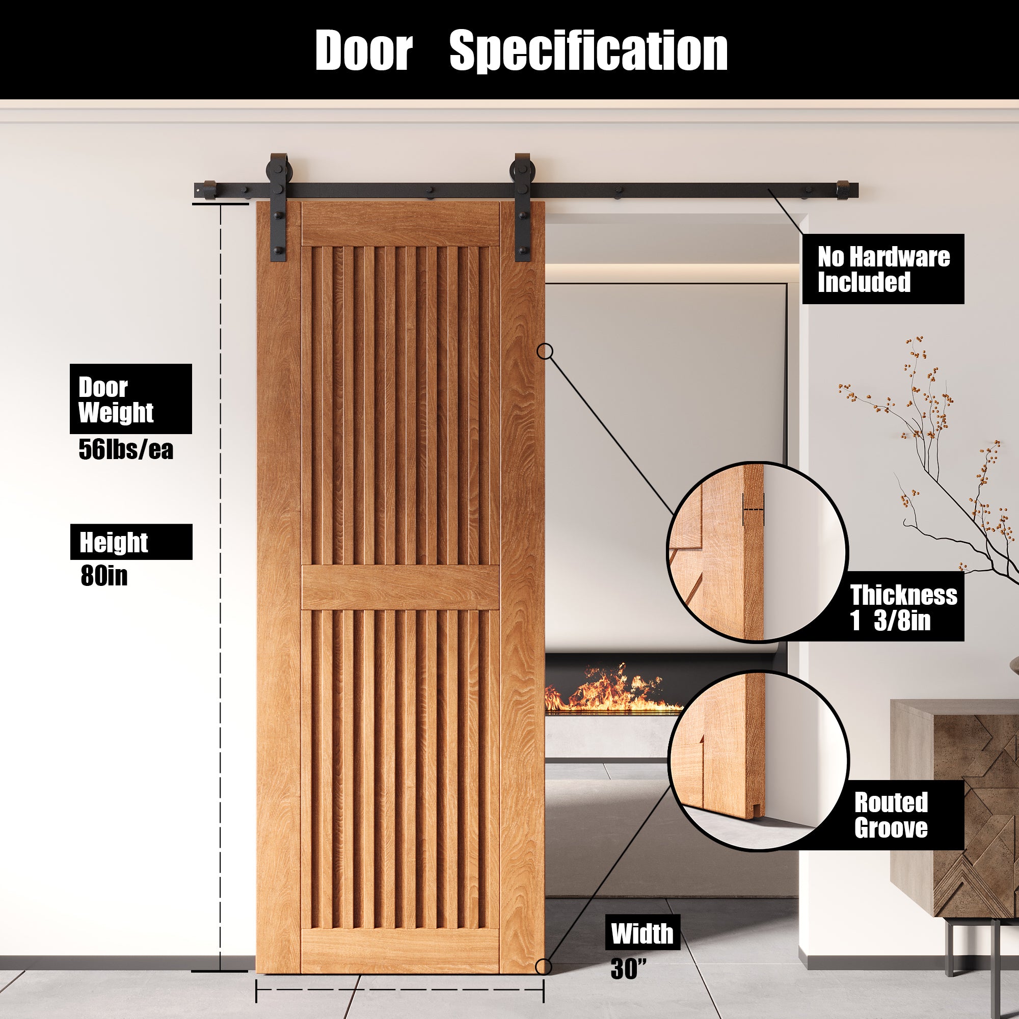80" Height Early American Vertical Stripe Design Unassembled & Finished Pine Wood Barn Door (Interior Use Only)
