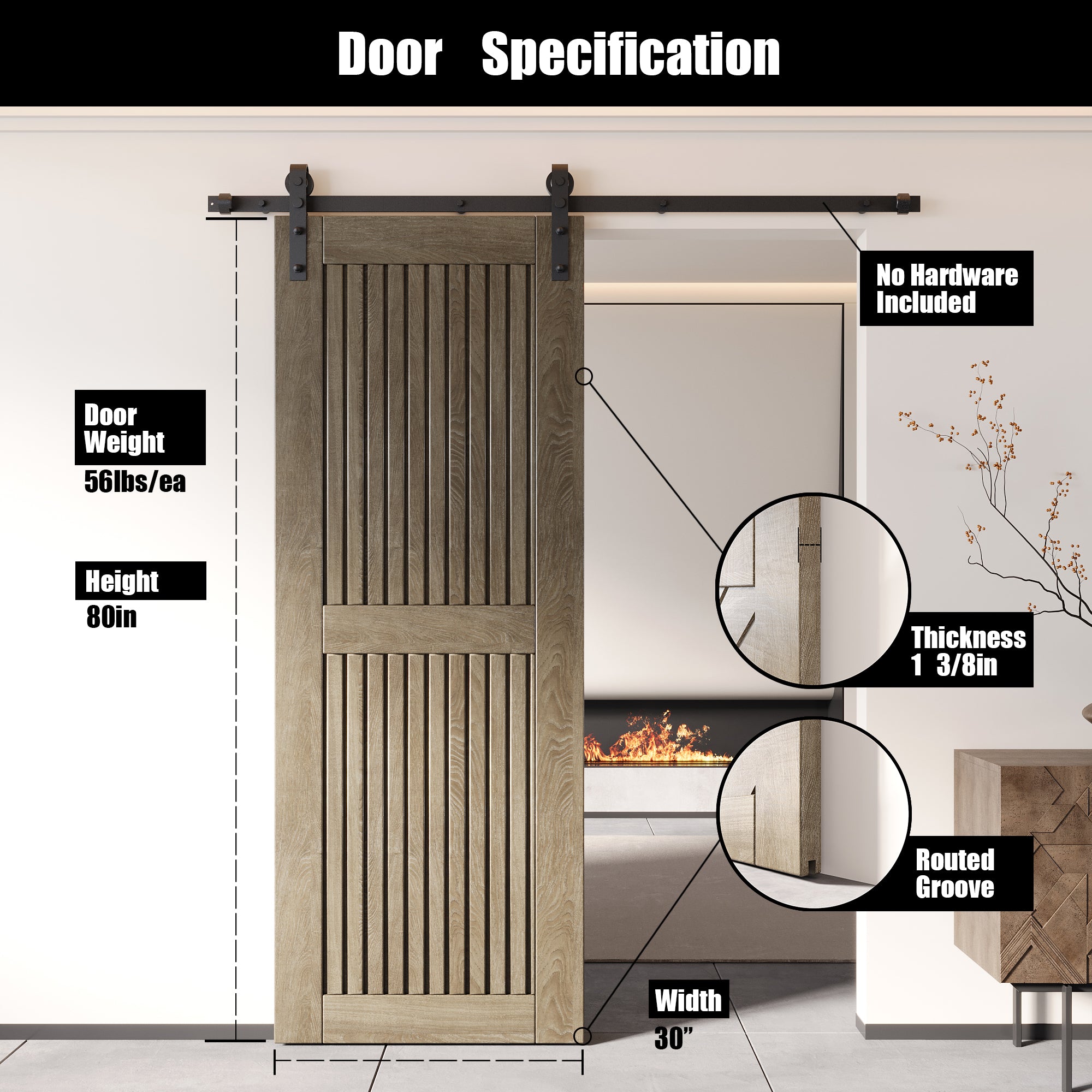 80" Height Classic Gray Vertical Stripe Design Unassembled & Finished Pine Wood Barn Door (Interior Use Only)