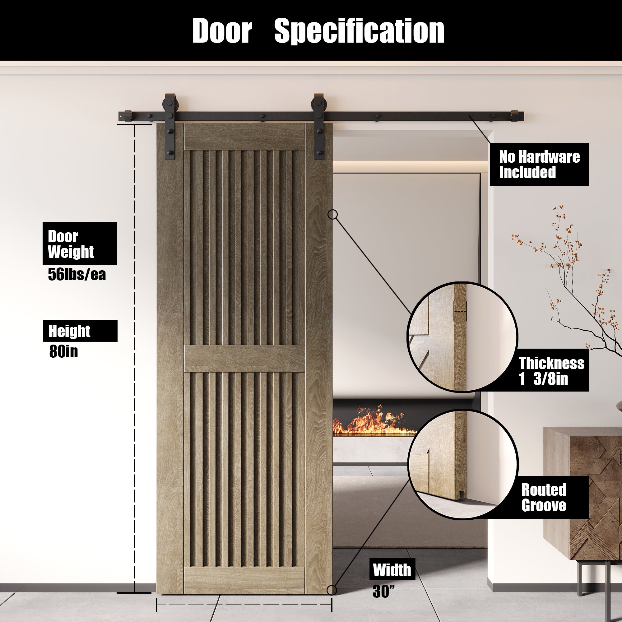 80" Height Classic Gray Vertical Stripe Design Unassembled & Finished Pine Wood Barn Door (Interior Use Only)