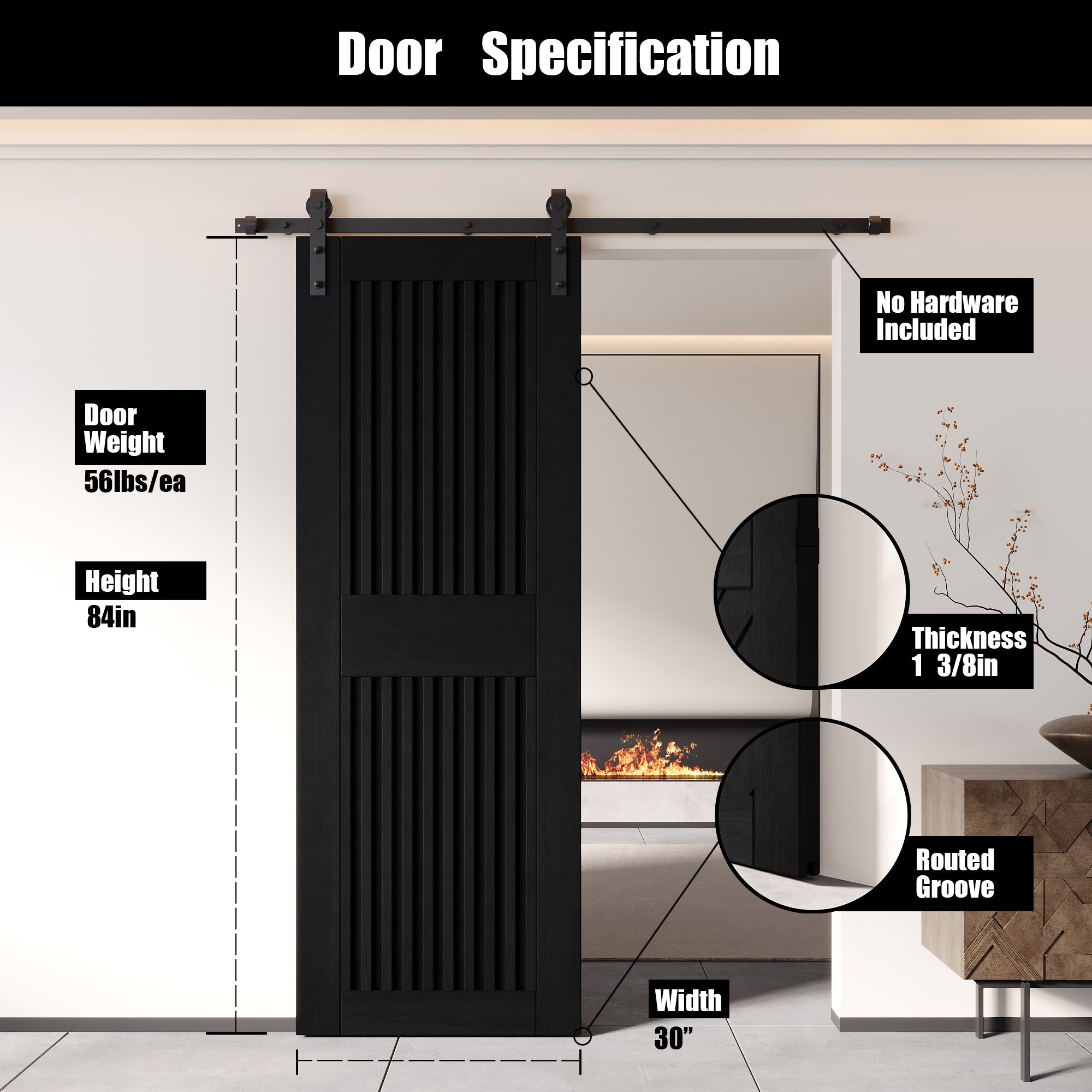 84" Height Black Vertical Stripe Design Unassembled & Finished Pine Wood Barn Door (Interior Use Only)