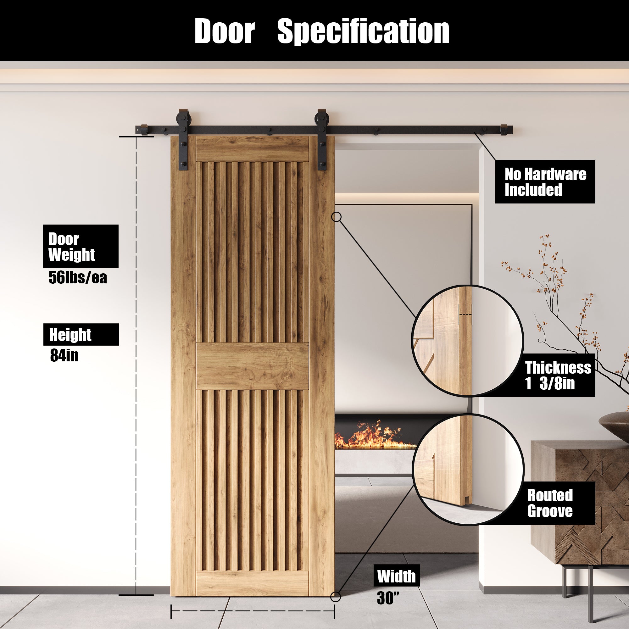 84" Height Vertical Stripe Design Unassembled & Unfinished Pine Wood Barn Door (Interior Use Only)