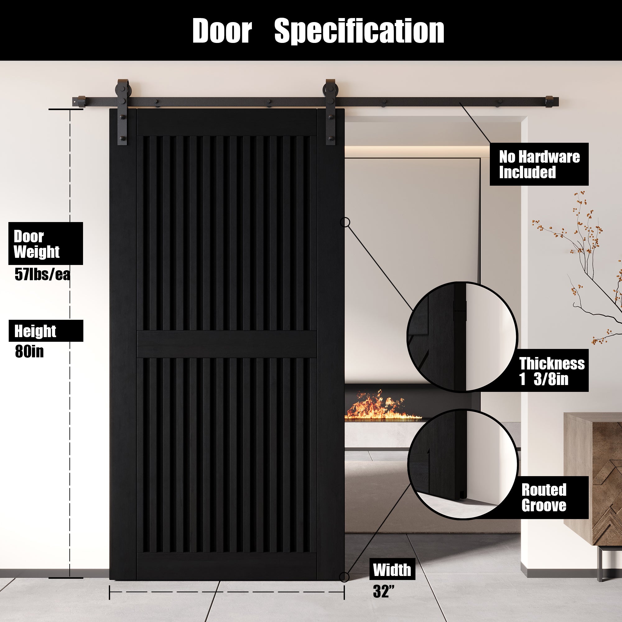 80" Height Black Vertical Stripe Design Unassembled & Finished Pine Wood Barn Door (Interior Use Only)