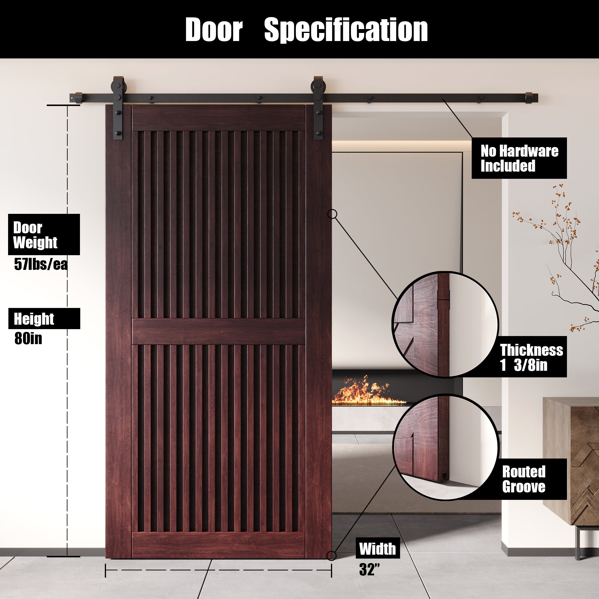 80" Height Red Mahogany Vertical Stripe Design Unassembled & Finished Pine Wood Barn Door (Interior Use Only)