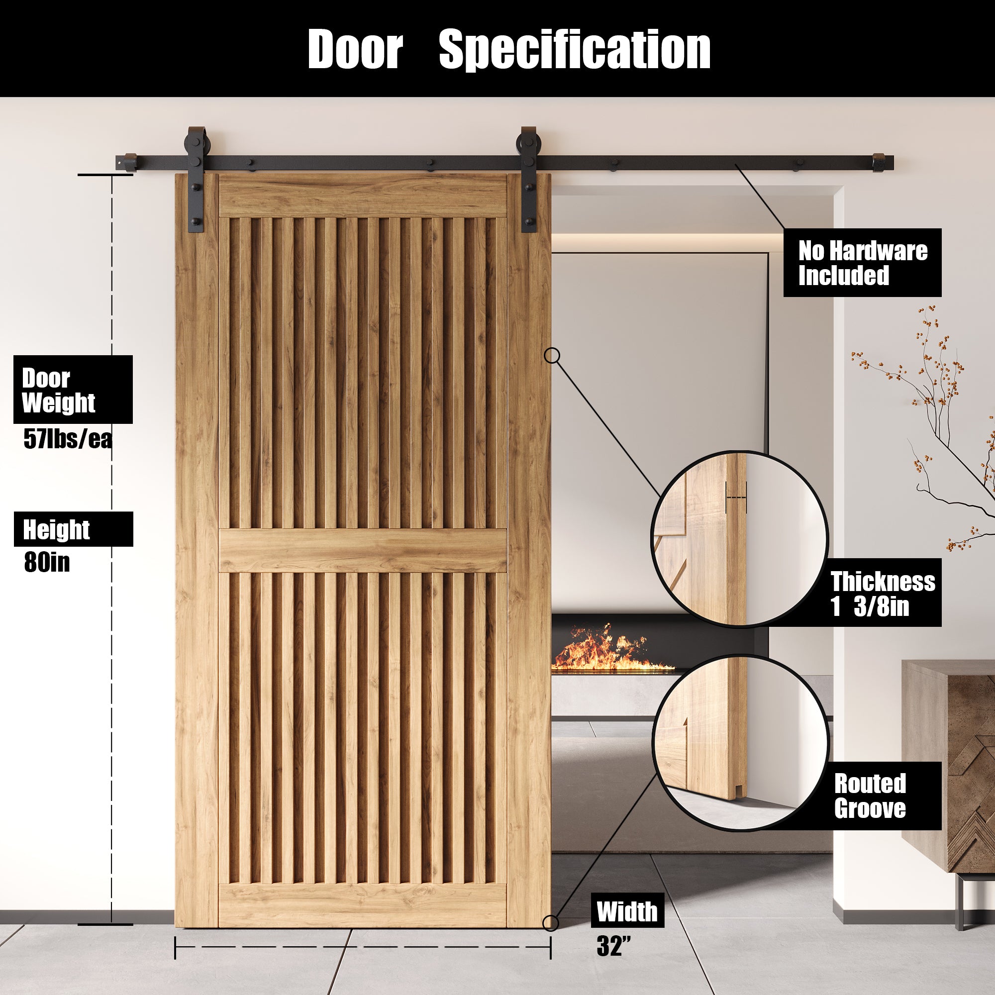 80" Height Vertical Stripe Design Unassembled & Unfinished Pine Wood Barn Door (Interior Use Only)