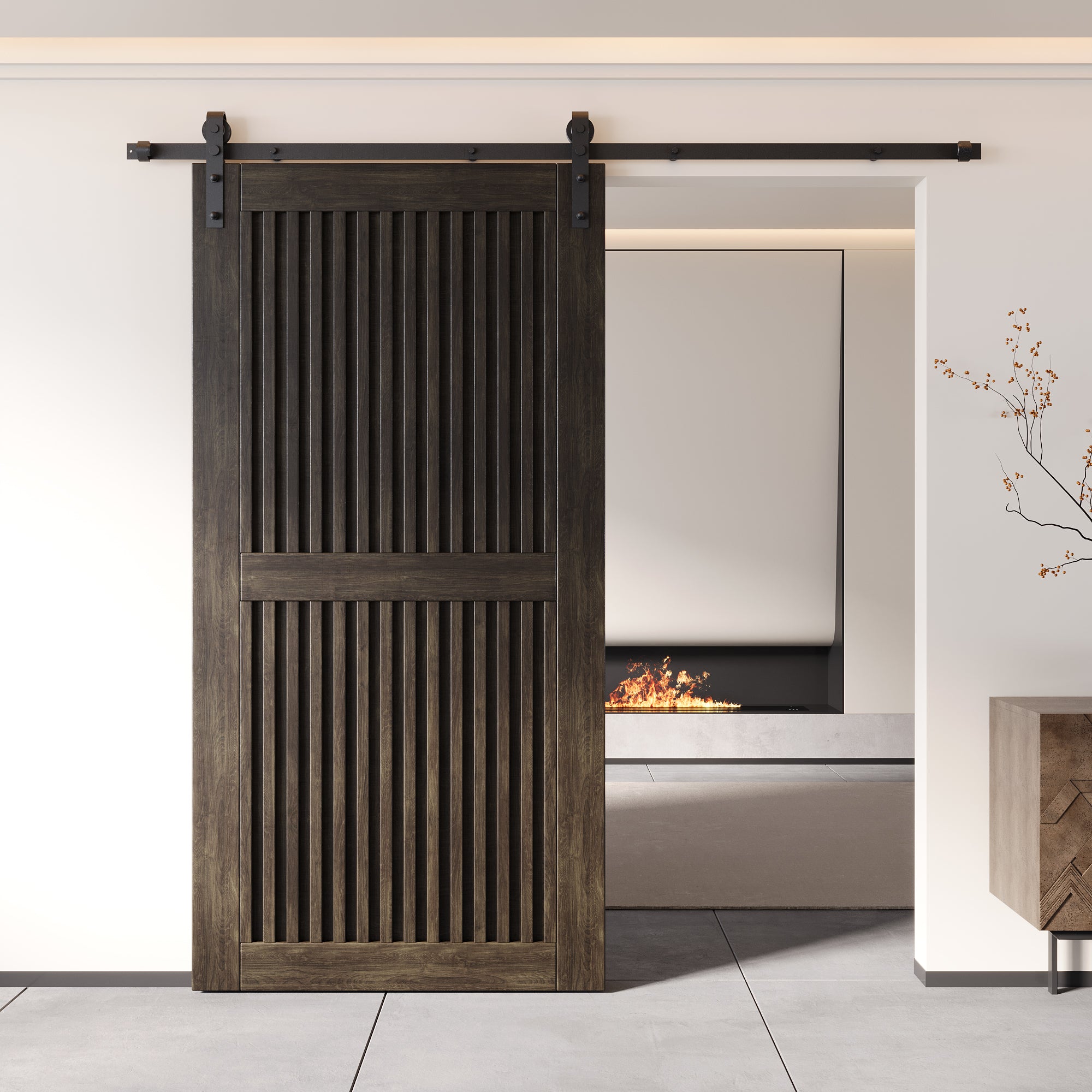 80" Height Ebony Vertical Stripe Design Unassembled & Finished Pine Wood Barn Door (Interior Use Only)