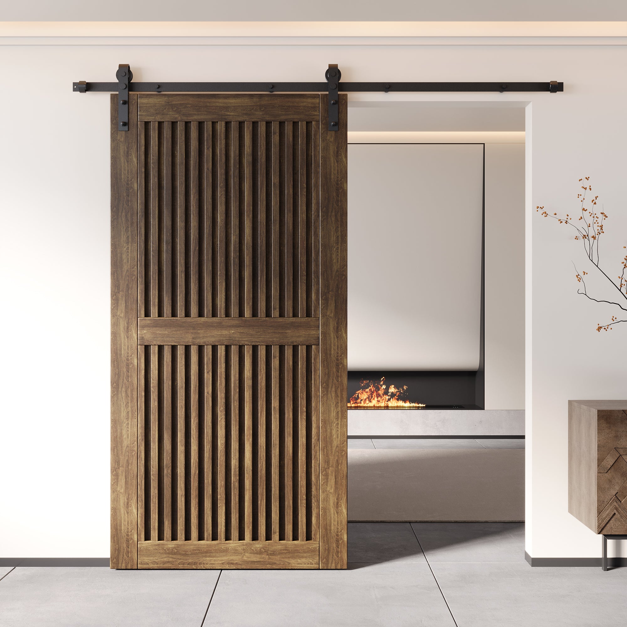 80" Height Dark Walnut Vertical Stripe Design Unassembled & Finished Pine Wood Barn Door (Interior Use Only)