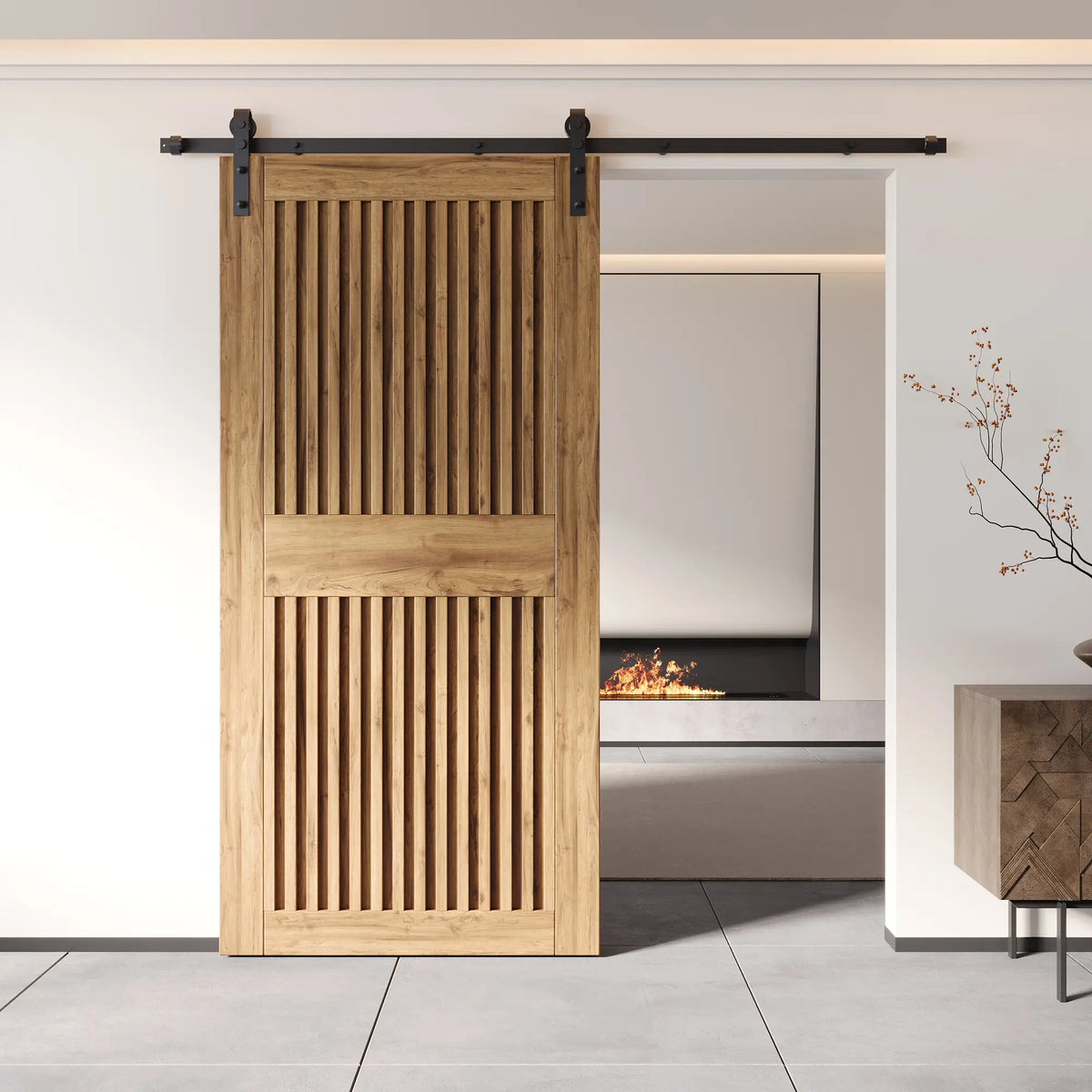 80-inch unfinished wood barn door in a neutral interior