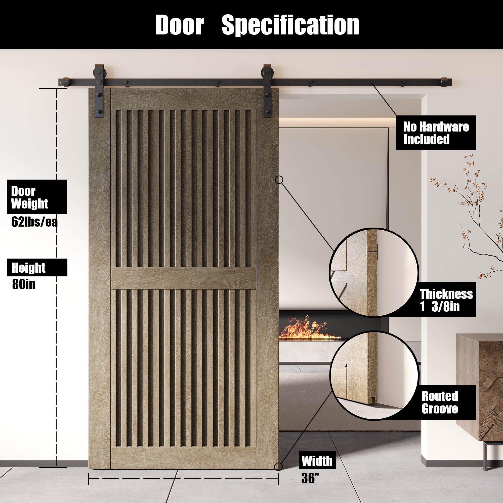 80" Height Classic Gray Vertical Stripe Design Unassembled & Finished Pine Wood Barn Door (Interior Use Only)