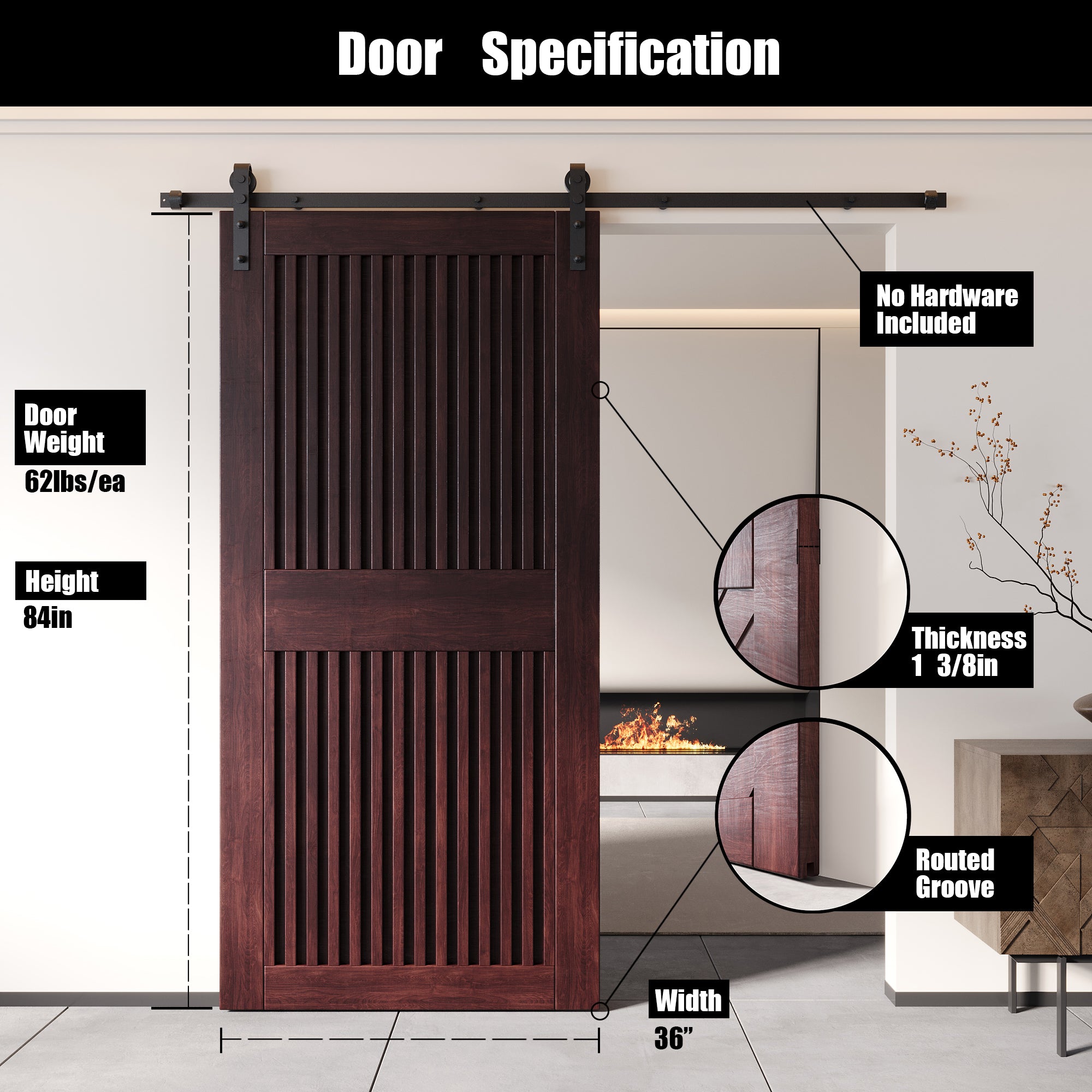 84" Height Red Mahogany Vertical Stripe Design Unassembled & Finished Pine Wood Barn Door (Interior Use Only)