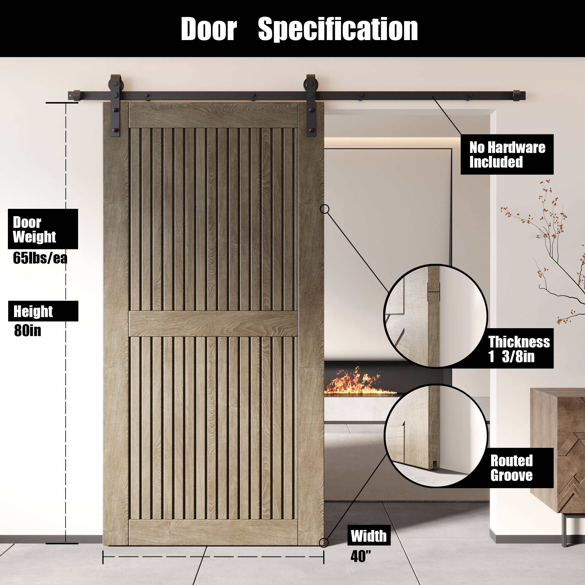 80" Height Classic Gray Vertical Stripe Design Unassembled & Finished Pine Wood Barn Door (Interior Use Only)