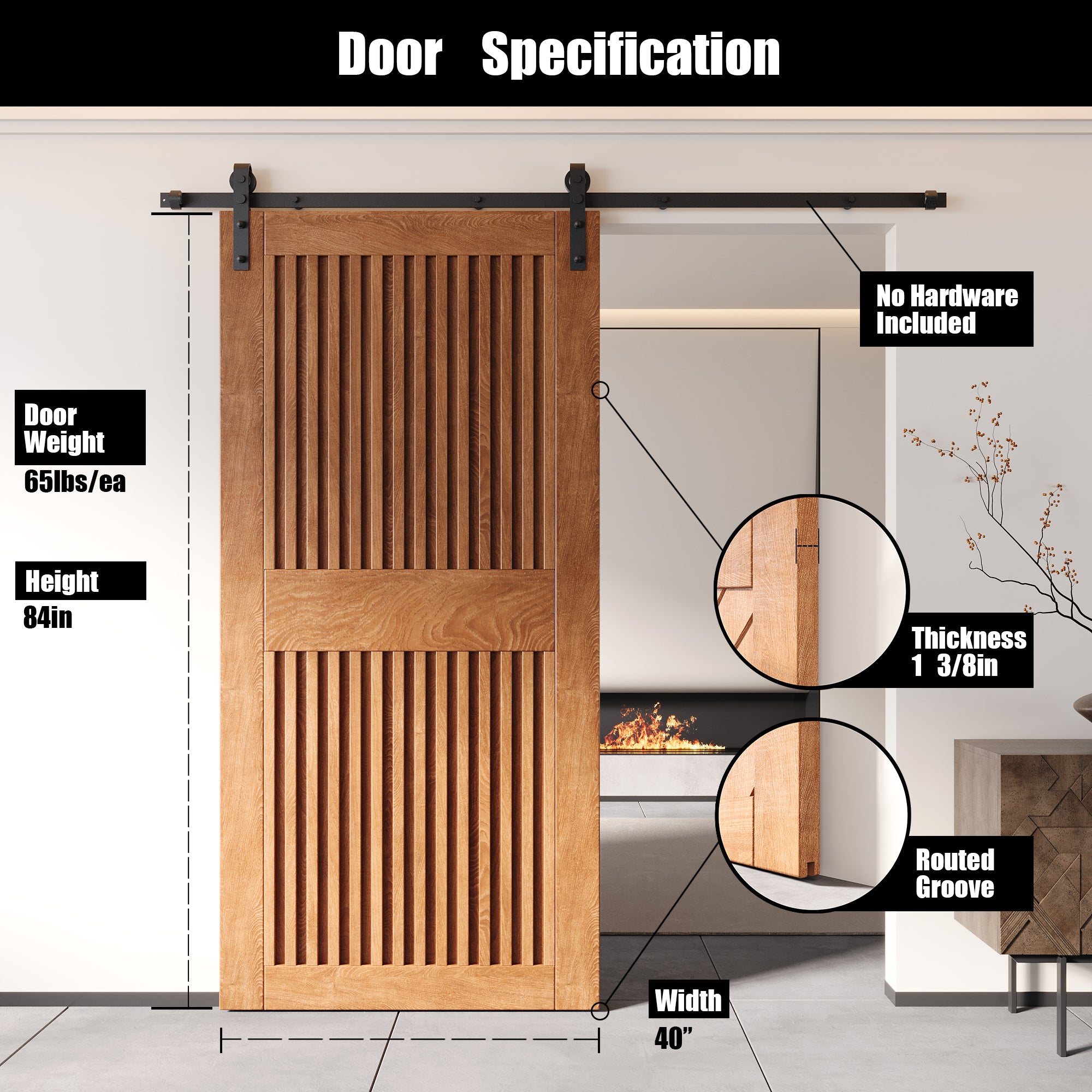 84" Height Early American Vertical Stripe Design Unassembled & Finished Pine Wood Barn Door (Interior Use Only)