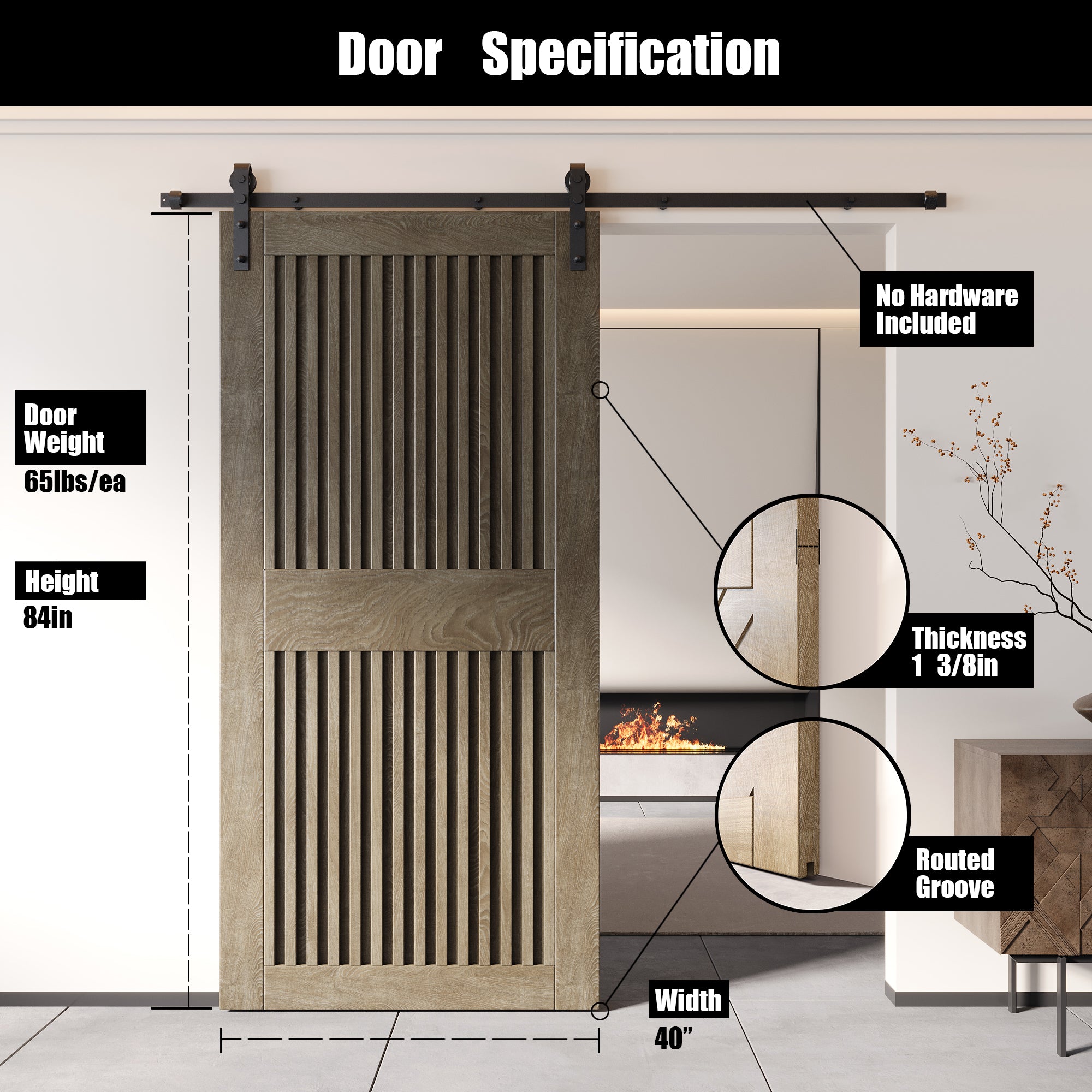 84" Height Classic Gray Vertical Stripe Design Unassembled & Finished Pine Wood Barn Door (Interior Use Only)