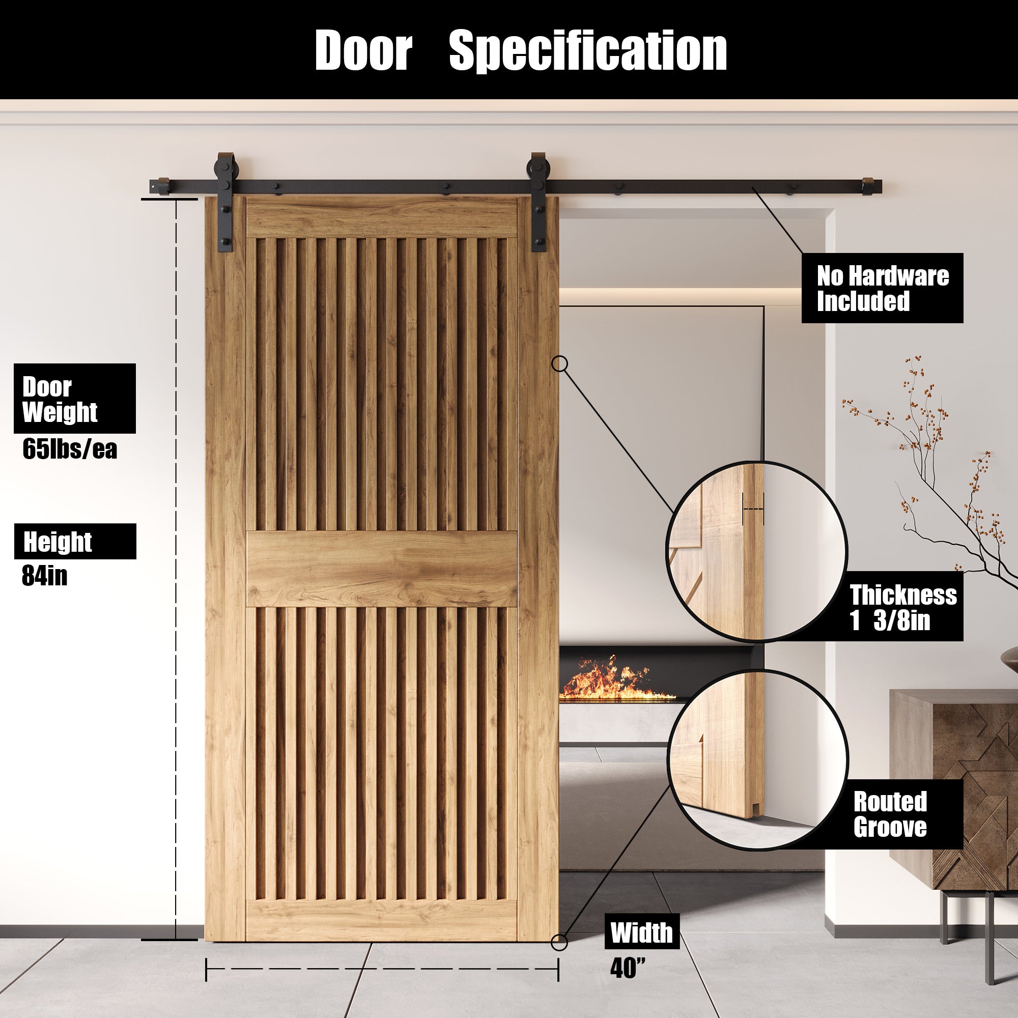 84" Height Vertical Stripe Design Unassembled & Unfinished Pine Wood Barn Door (Interior Use Only)