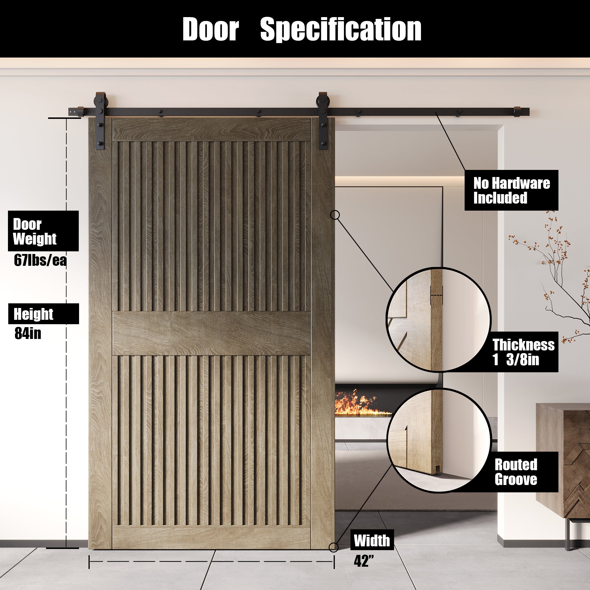 84" Height Classic Gray Vertical Stripe Design Unassembled & Finished Pine Wood Barn Door (Interior Use Only)