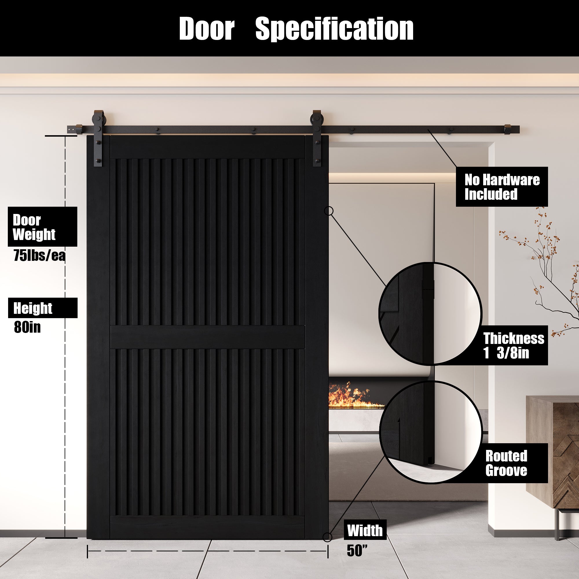 80" Height Black Vertical Stripe Design Unassembled & Finished Pine Wood Barn Door (Interior Use Only)