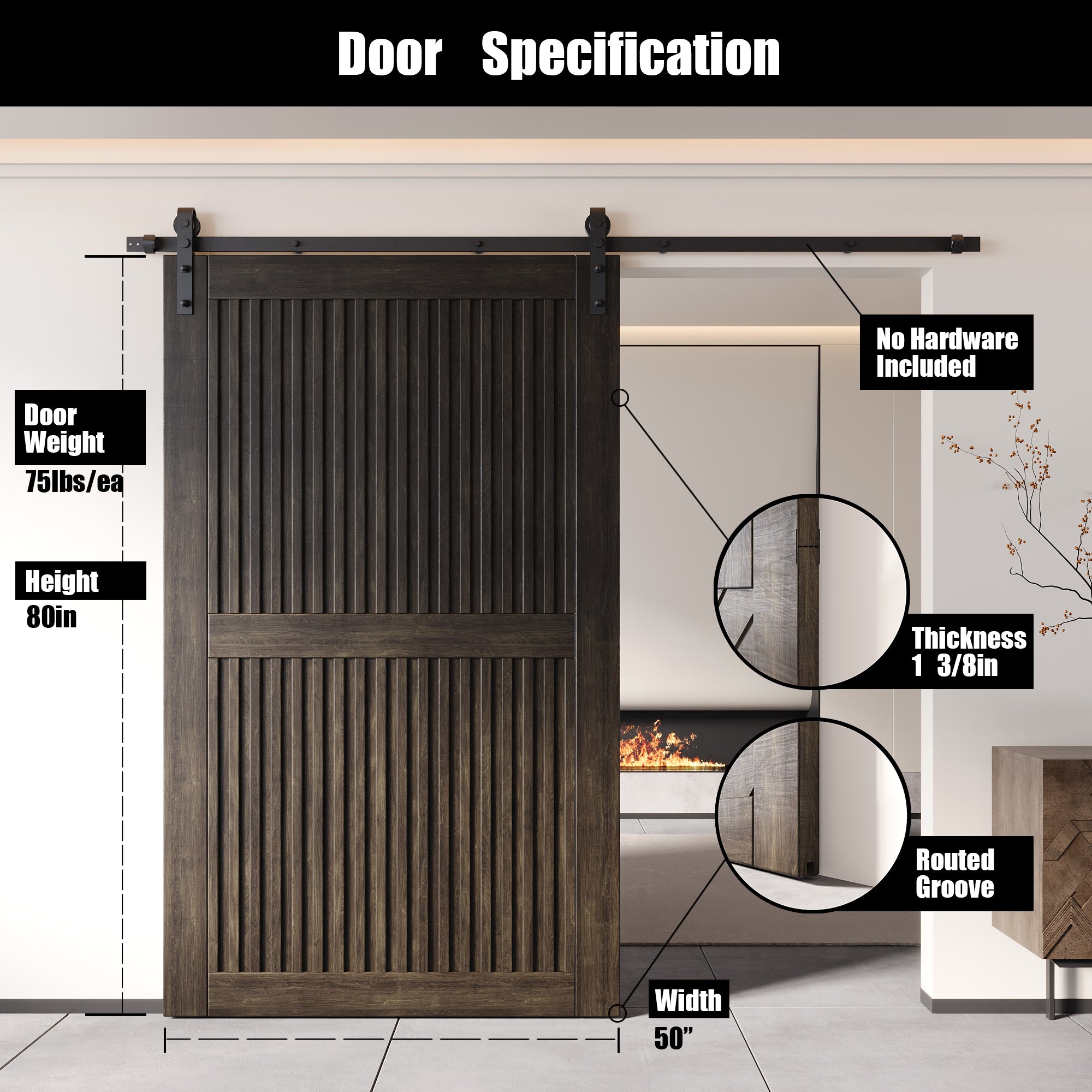 80" Height Ebony Vertical Stripe Design Unassembled & Finished Pine Wood Barn Door (Interior Use Only)