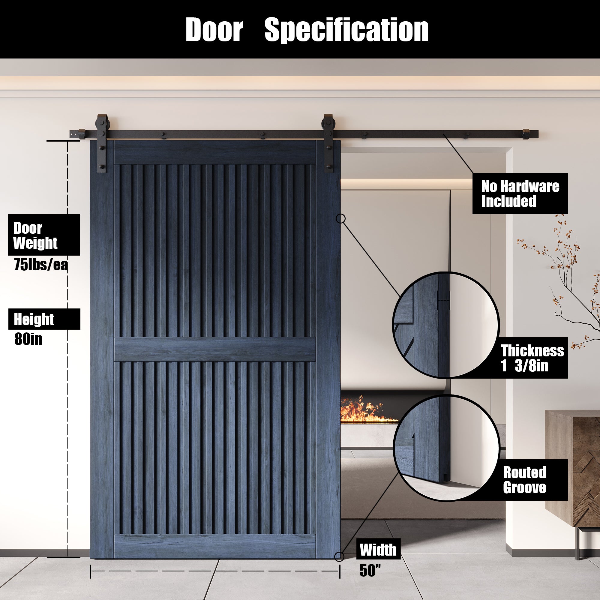 80" Height Navy Vertical Stripe Design Unassembled & Finished Pine Wood Barn Door (Interior Use Only)