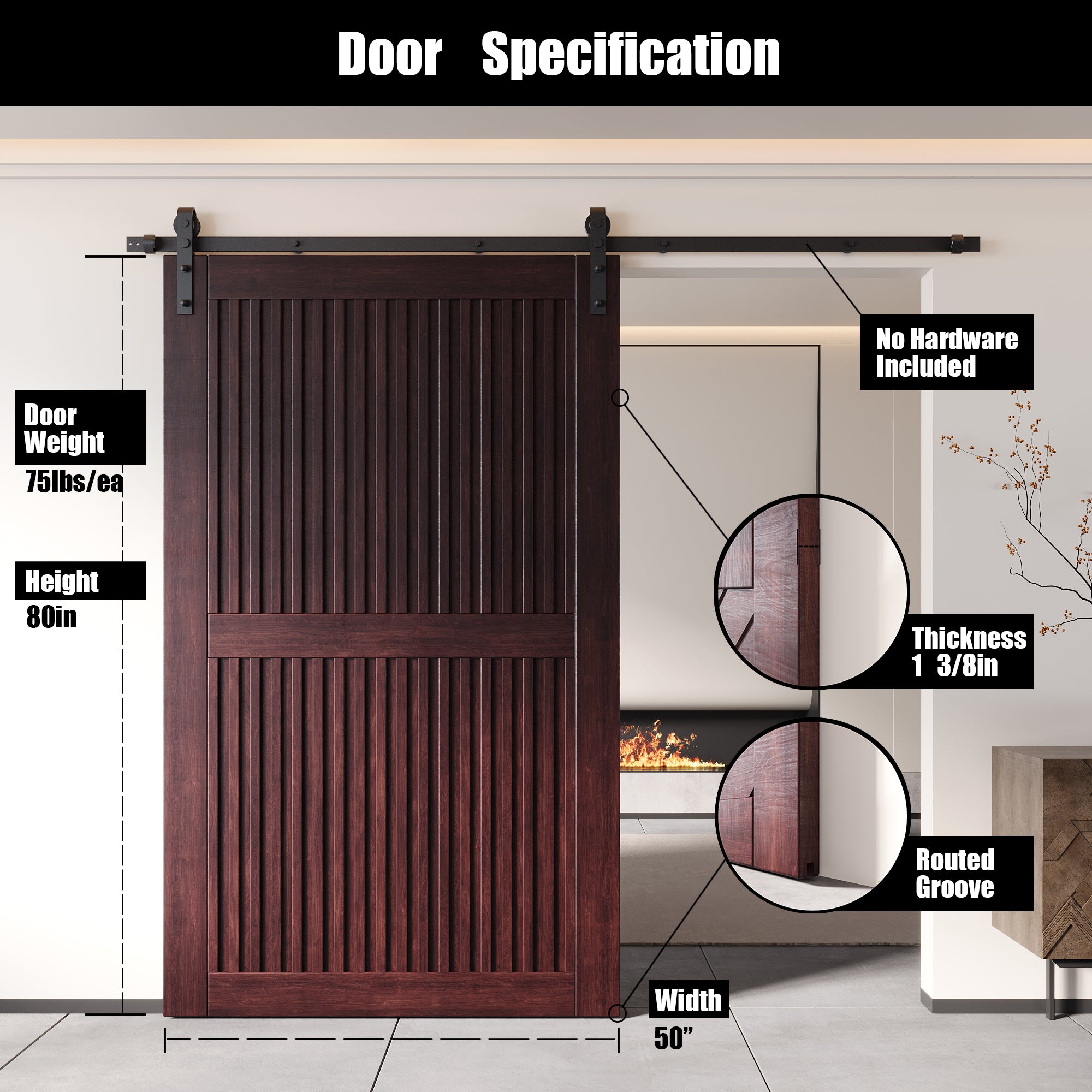 80" Height Red Mahogany Vertical Stripe Design Unassembled & Finished Pine Wood Barn Door (Interior Use Only)