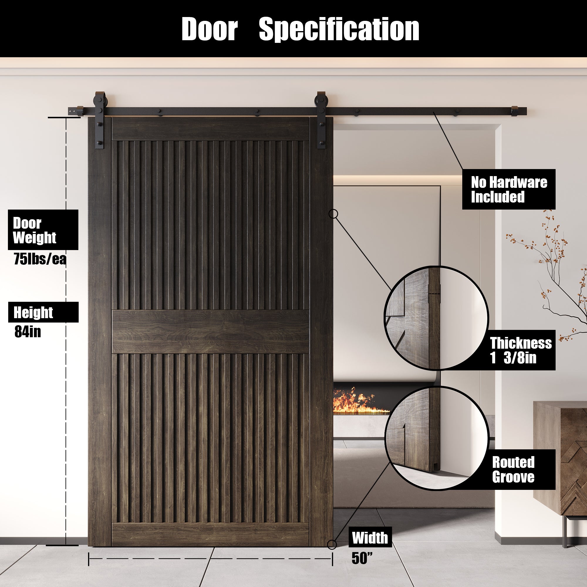 84" Height Ebony Vertical Stripe Design Unassembled & Finished Pine Wood Barn Door (Interior Use Only)