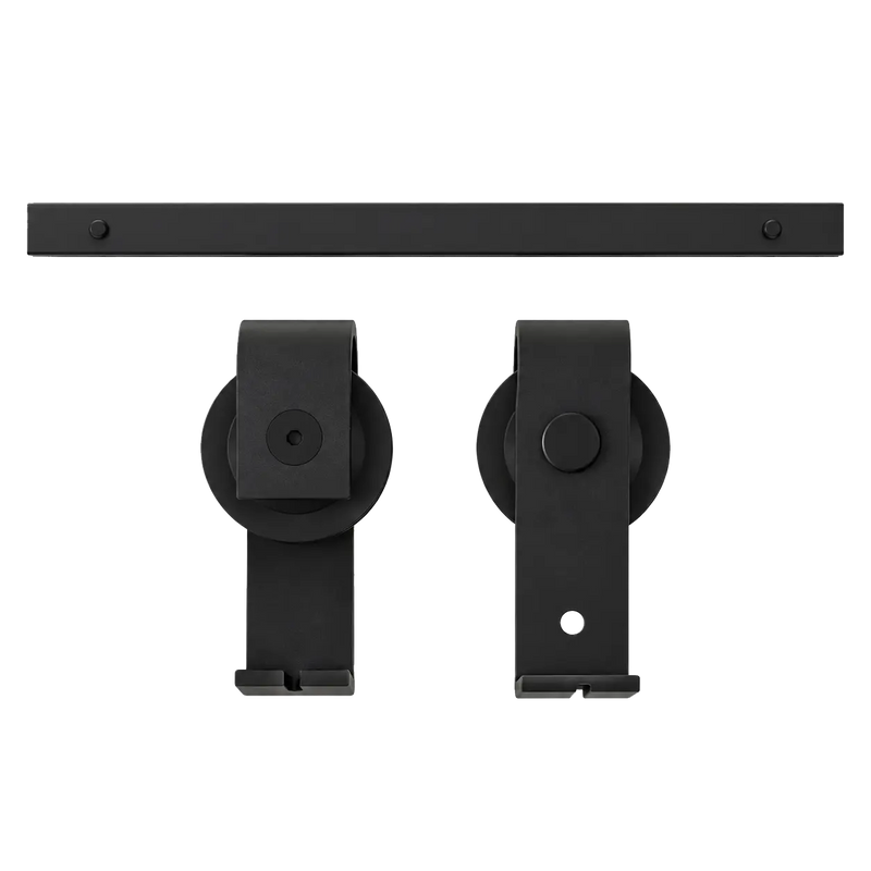 Black top-mount track with two T-shape roller assemblies for a 4-door bifold barn door kit
