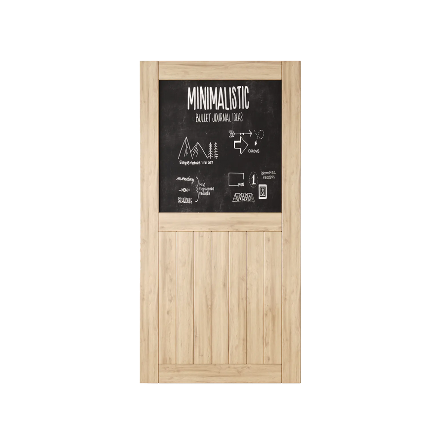 Pine barn door with a top chalkboard panel and vertical wood planks