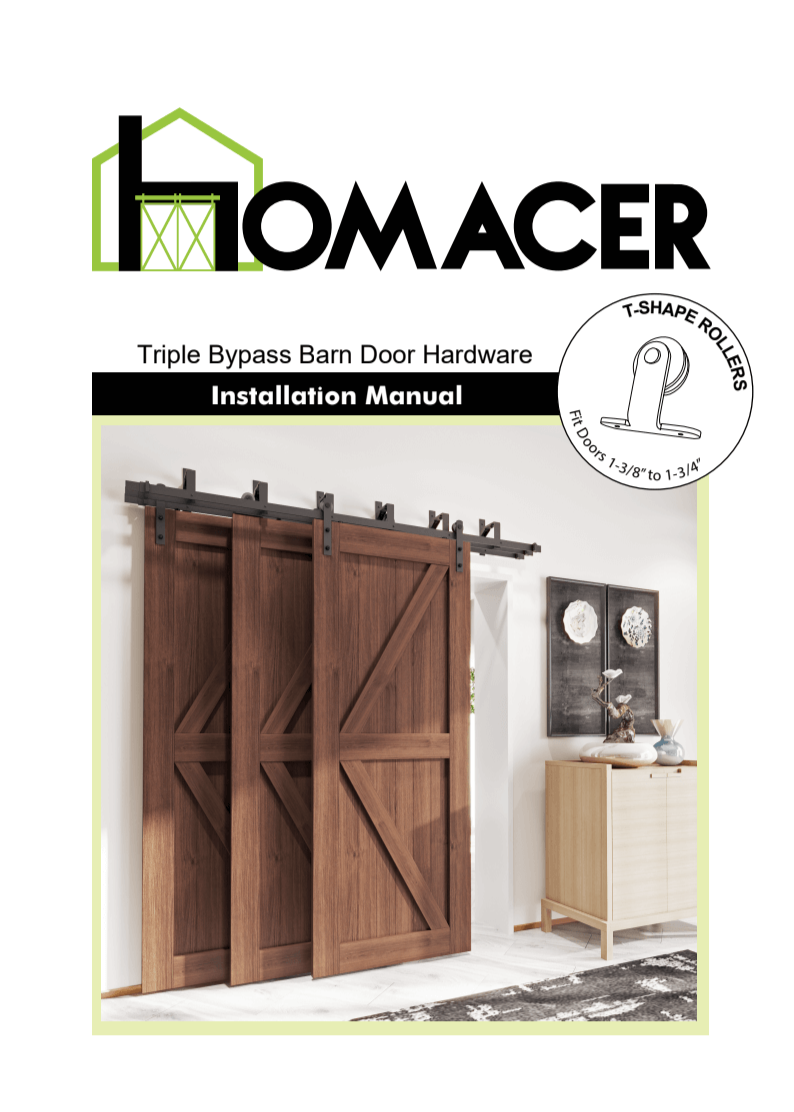 Homacer triple bypass barn door hardware installation manual cover with wooden doors and furniture.