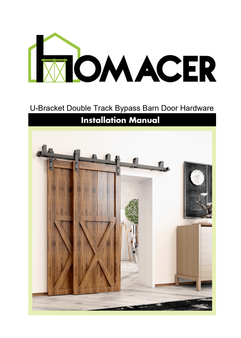 Homacer U-Bracket Double Track Bypass Barn Door Hardware installation manual cover with a wooden barn door.