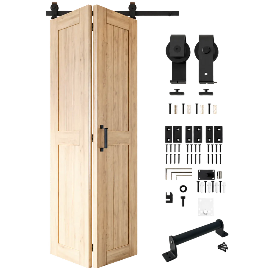 Unfinished natural pine bifold barn doors with black top-mount hardware
