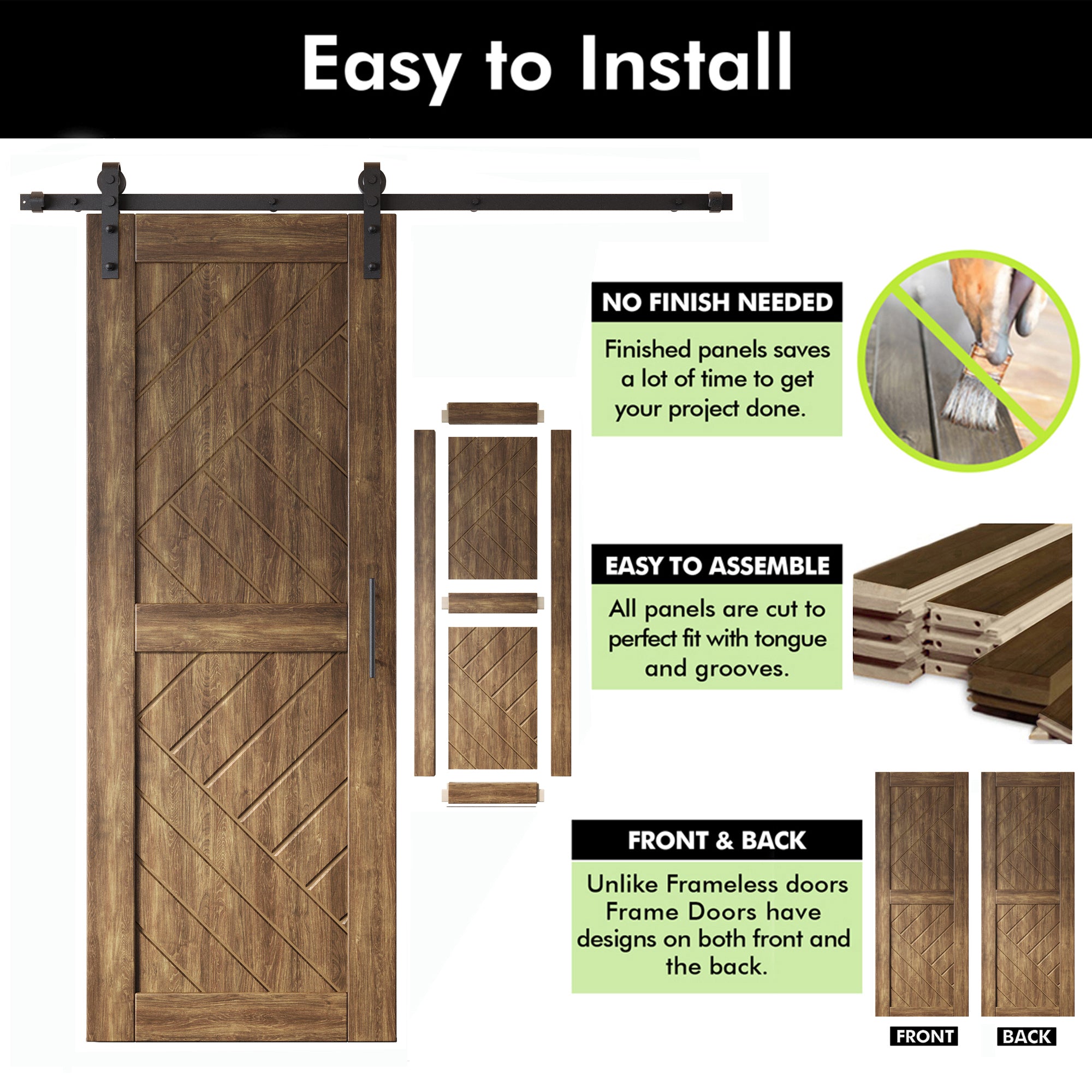 dark walnut barn doors with hardware kit, sliding barn door hardware single track non-bypass, easy to install and assemble