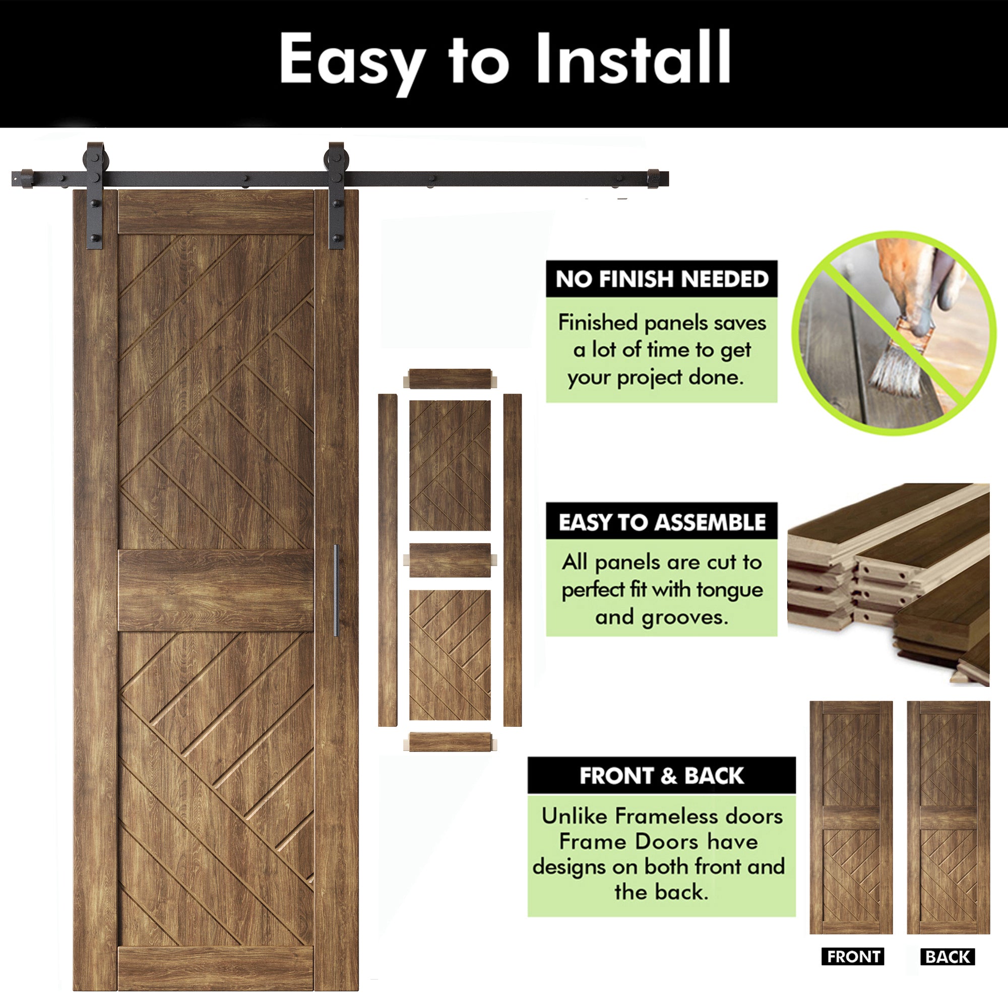 84" Height Dark Walnut Geometric Design Unassembled & Finished Pine Wood Barn Door with Non-Bypass Installation Hardware Kit(Interior Use Only)