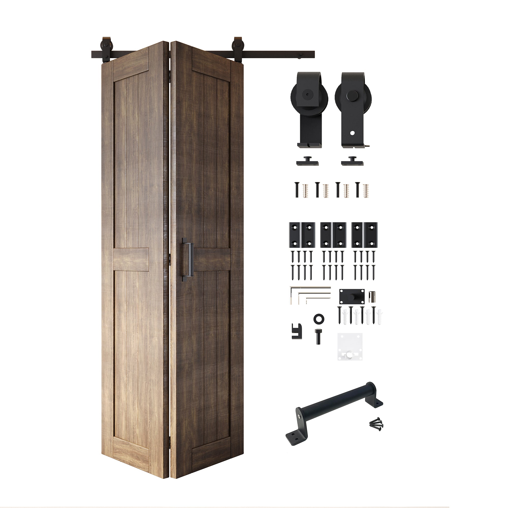 5-in-1 84in Dark Walnut Finished Barn Door with Bi-Fold Top Mount Hardware Kit - T-shape Roller