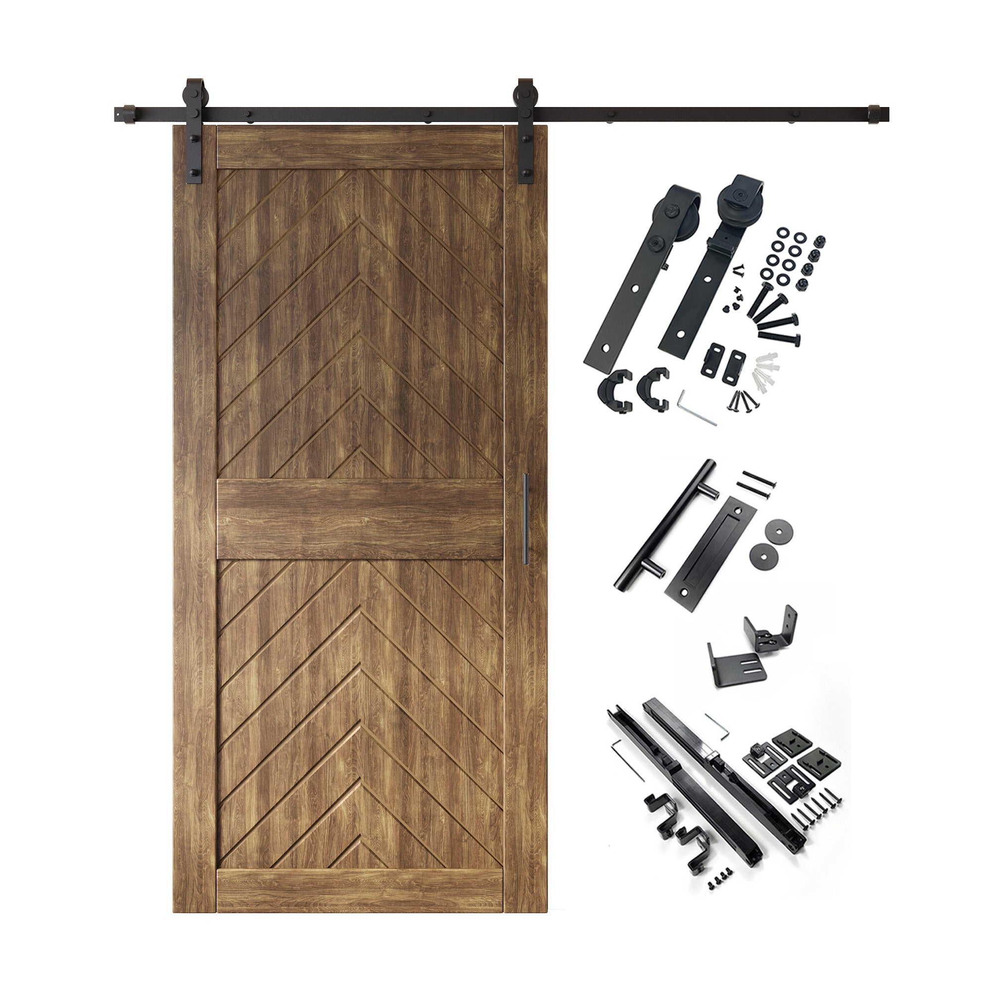 Sliding barn door hardware kit with door pine wood barn door dark walnut fishbone design