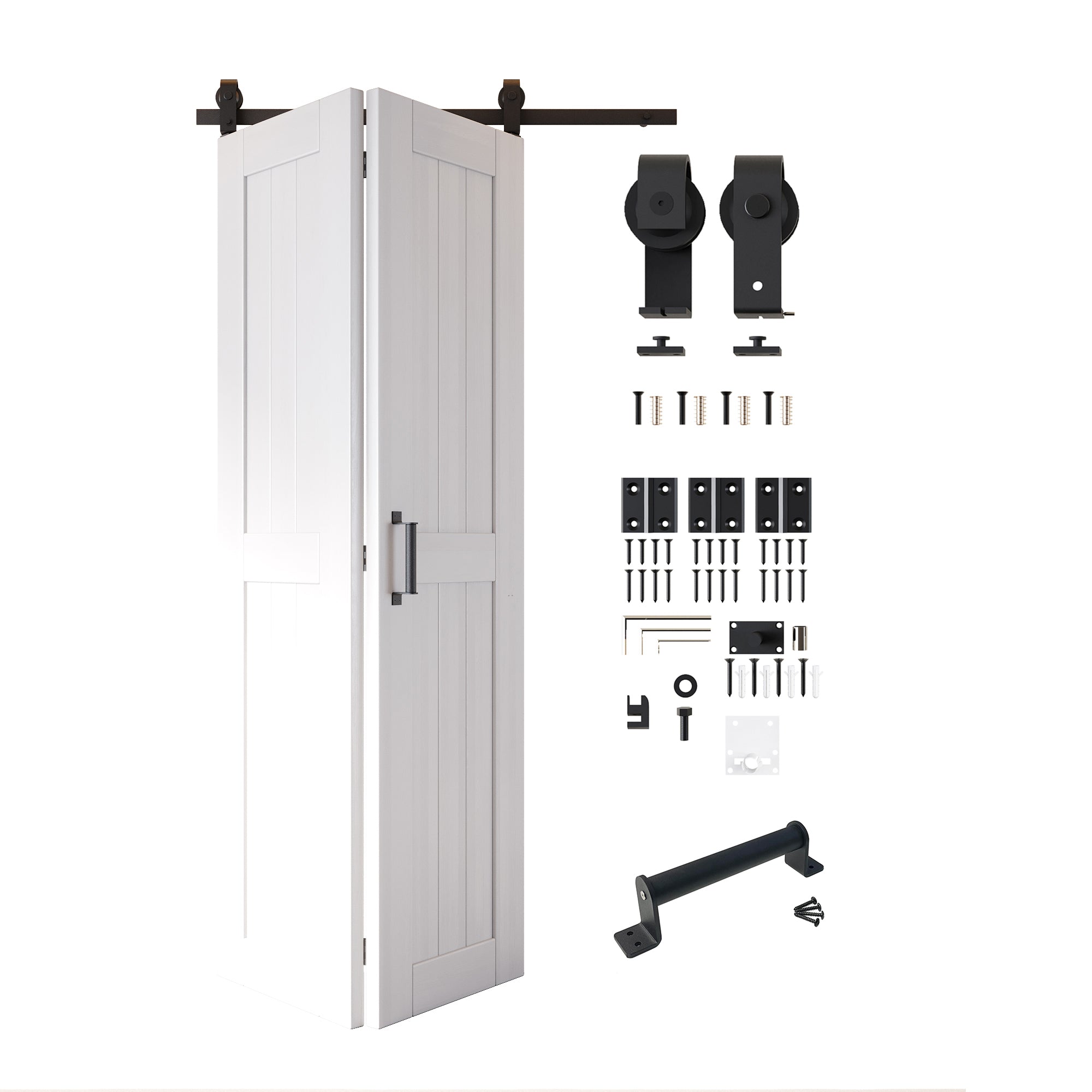 5-in-1 80in White Finished Barn Door with Bi-Fold Top Mount Hardware Kit - T-shape Roller