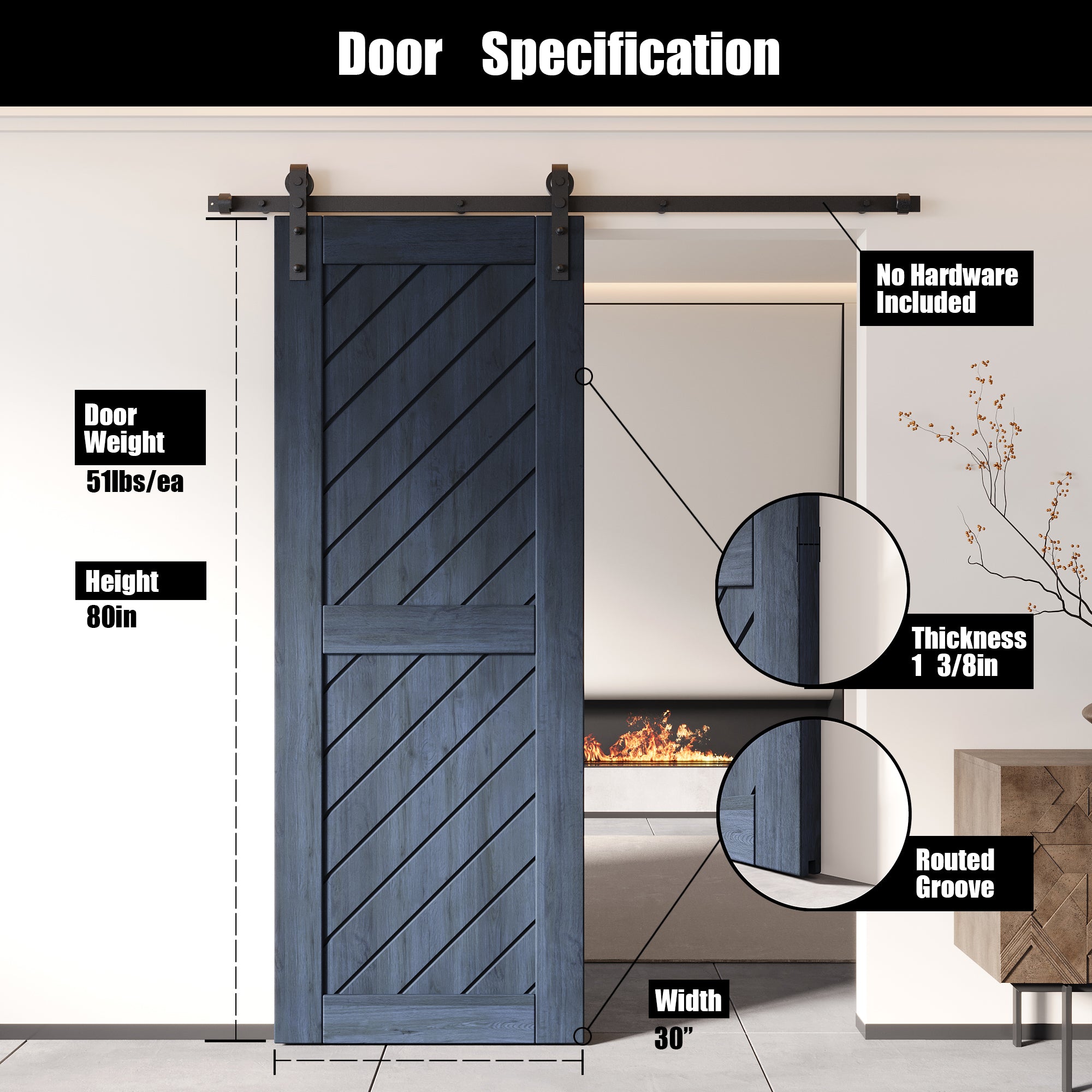 80" Height Navy Slanted Stripe Design Unassembled & Finished Pine Wood Barn Door (Interior Use Only)