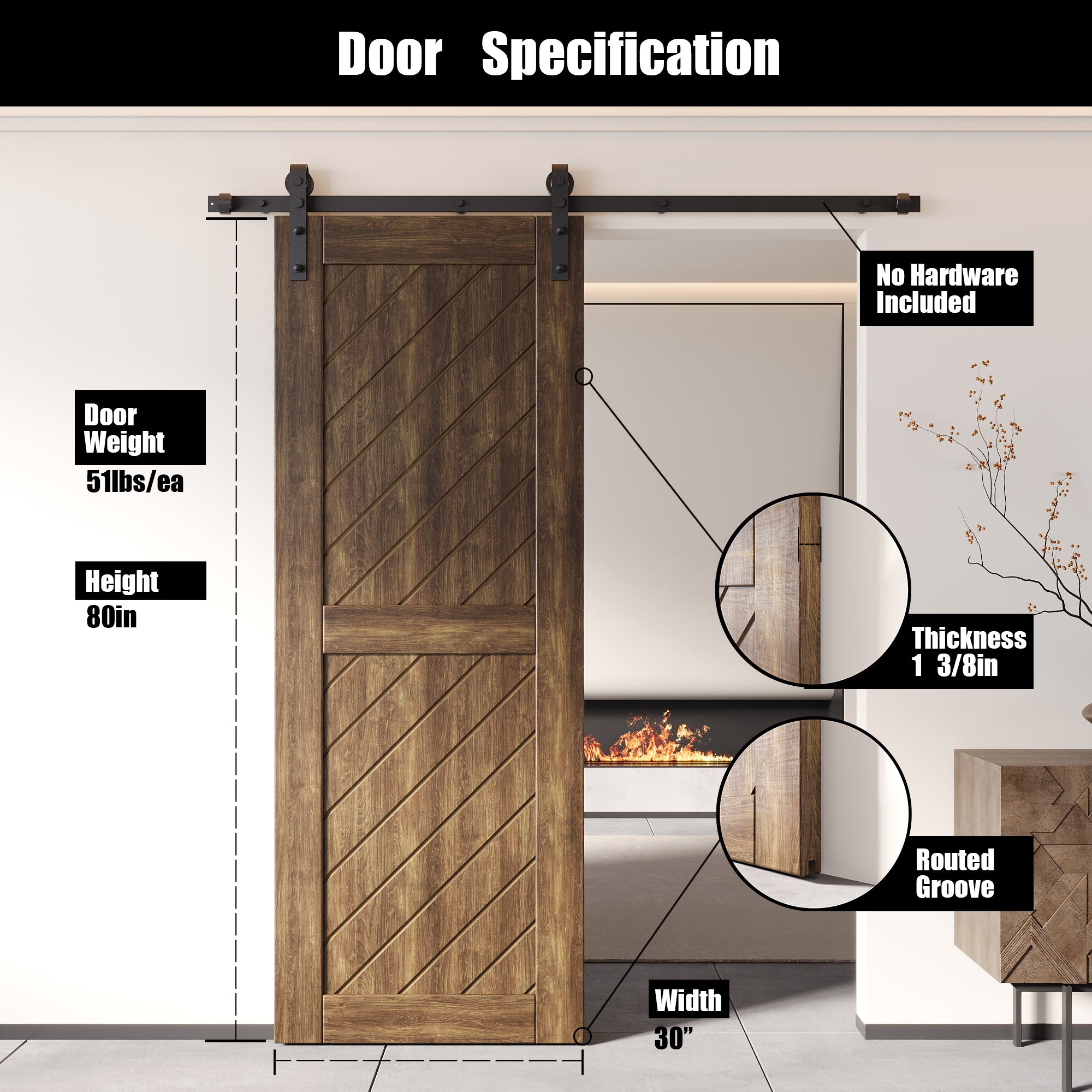80" Height Dark Walnut Slanted Stripe Design Unassembled & Finished Pine Wood Barn Door (Interior Use Only)