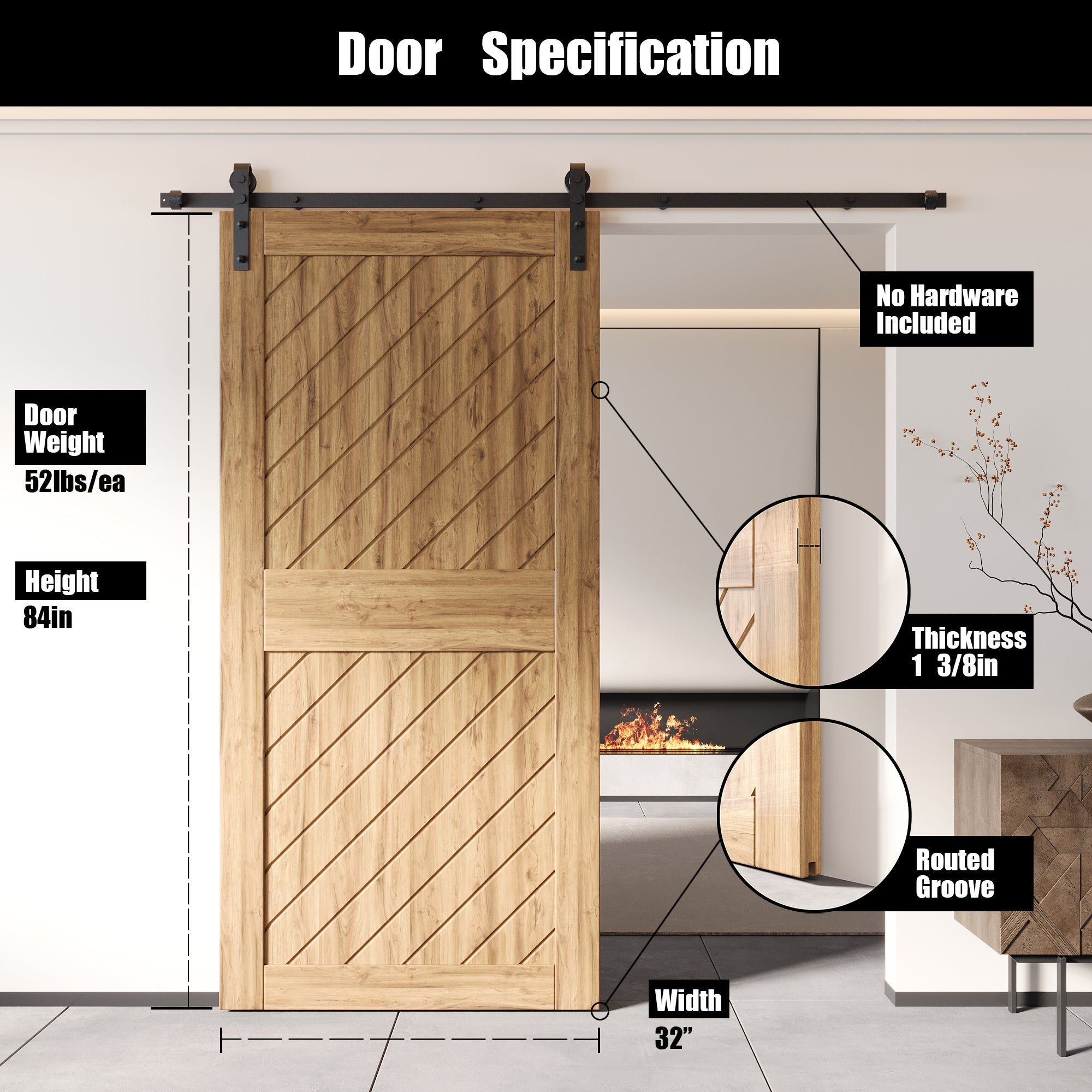 84" Height Unassembled & Unfinished Slanted Stripe Design Pine Wood Barn Door (Interior Use Only)