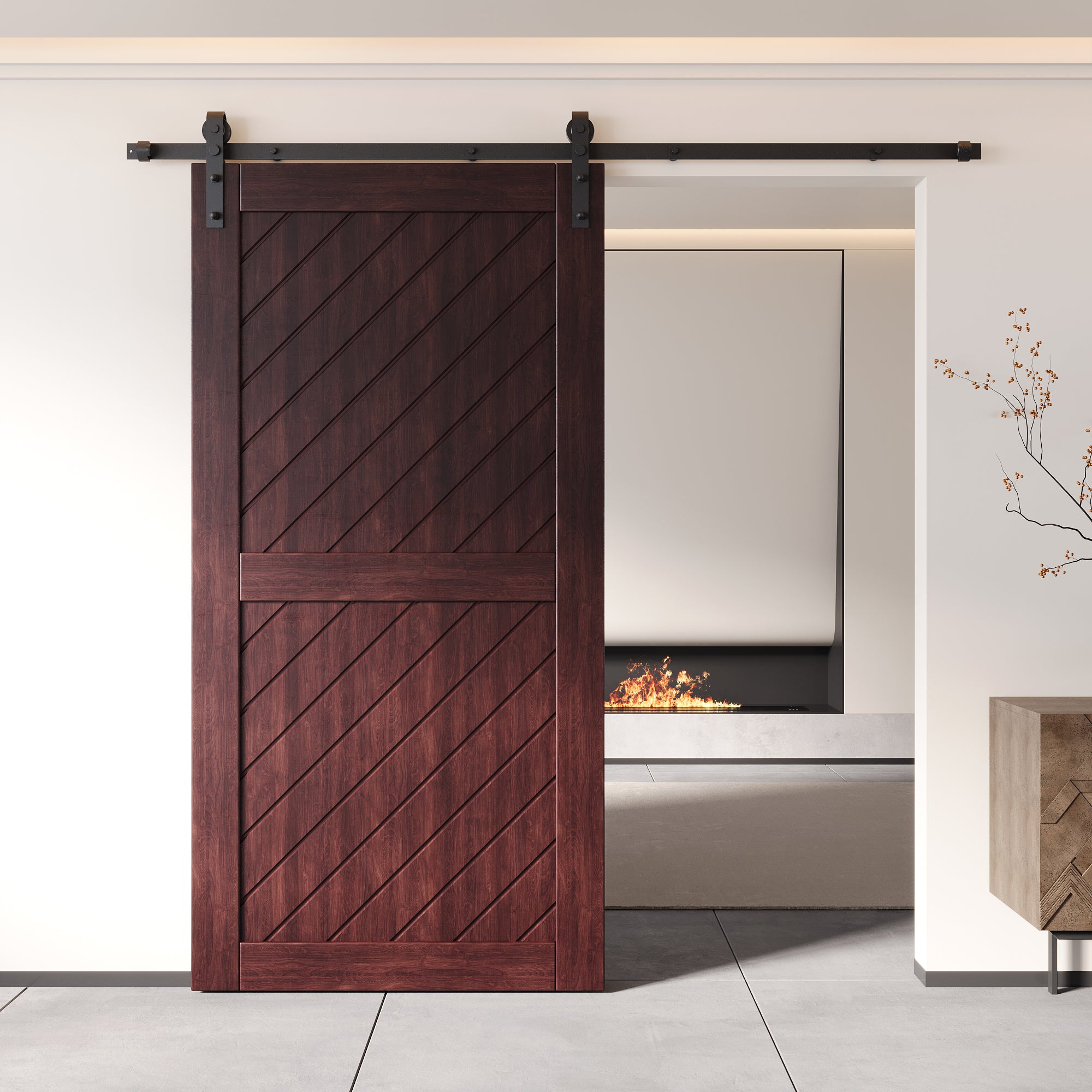 80" Height Red Mahogany Slanted Stripe Design Unassembled & Finished Pine Wood Barn Door (Interior Use Only)