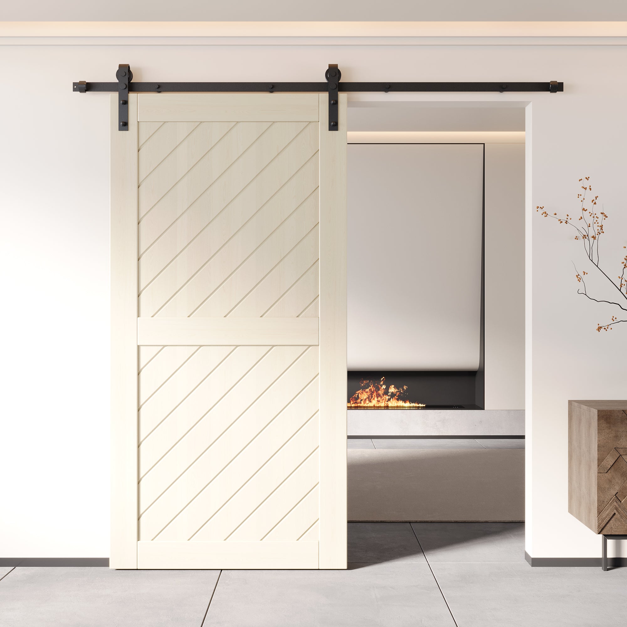Slanted stripe sliding barn door installed with single track hardware in a modern living room setup