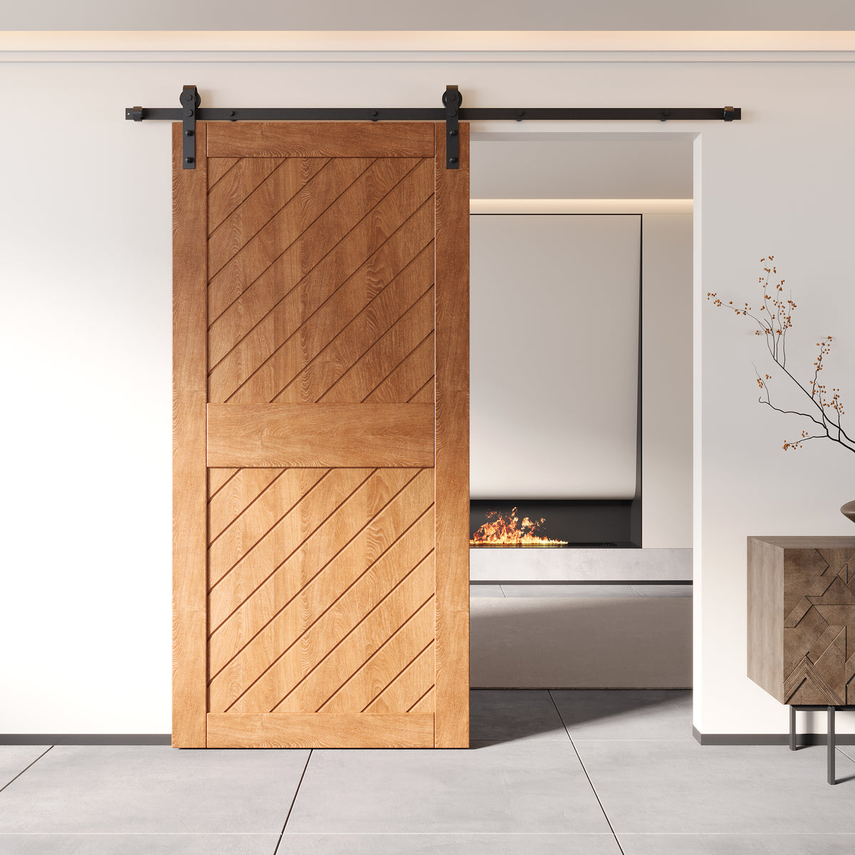 Modern barn door design with black sliding hardware for interior spaces