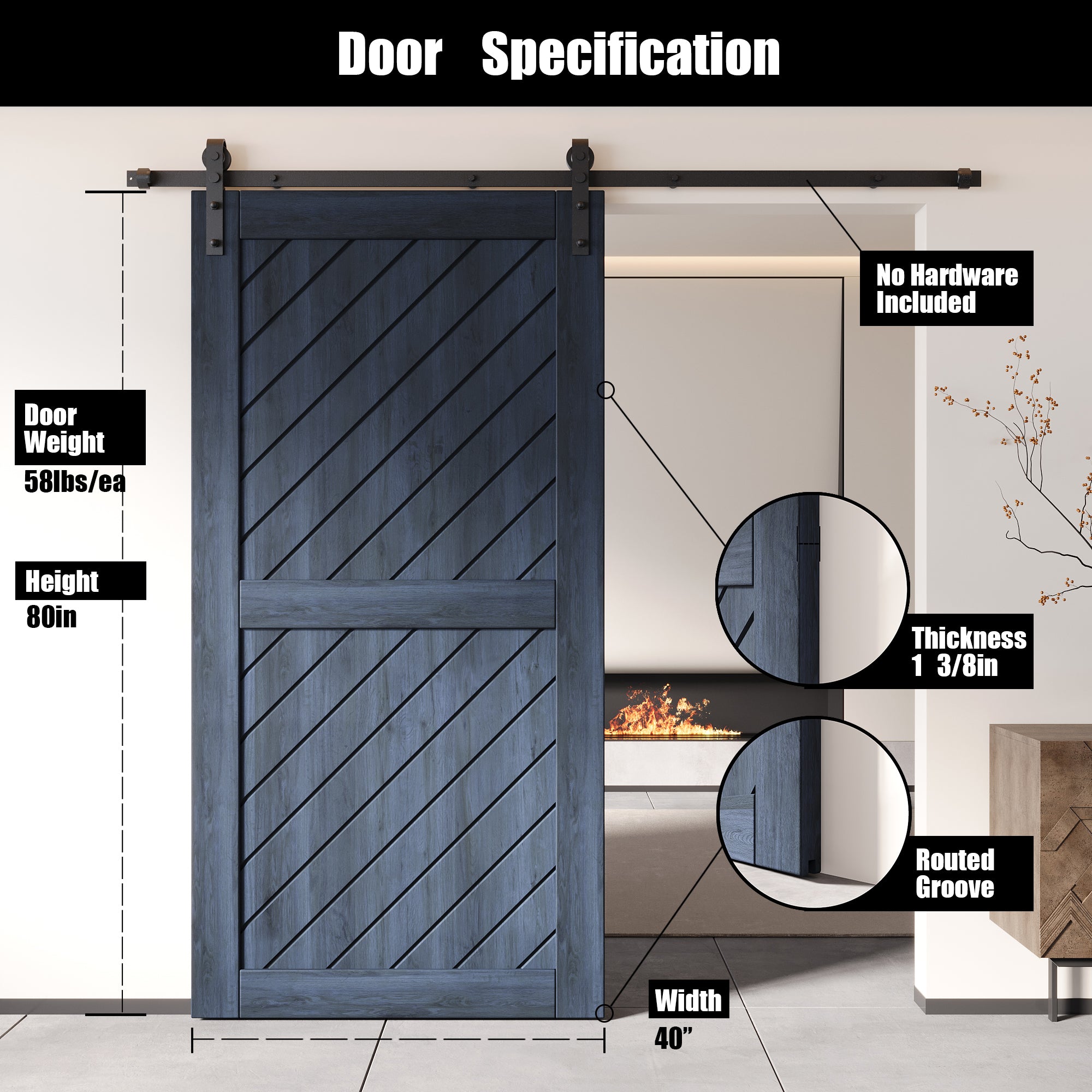 80" Height Navy Slanted Stripe Design Unassembled & Finished Pine Wood Barn Door (Interior Use Only)