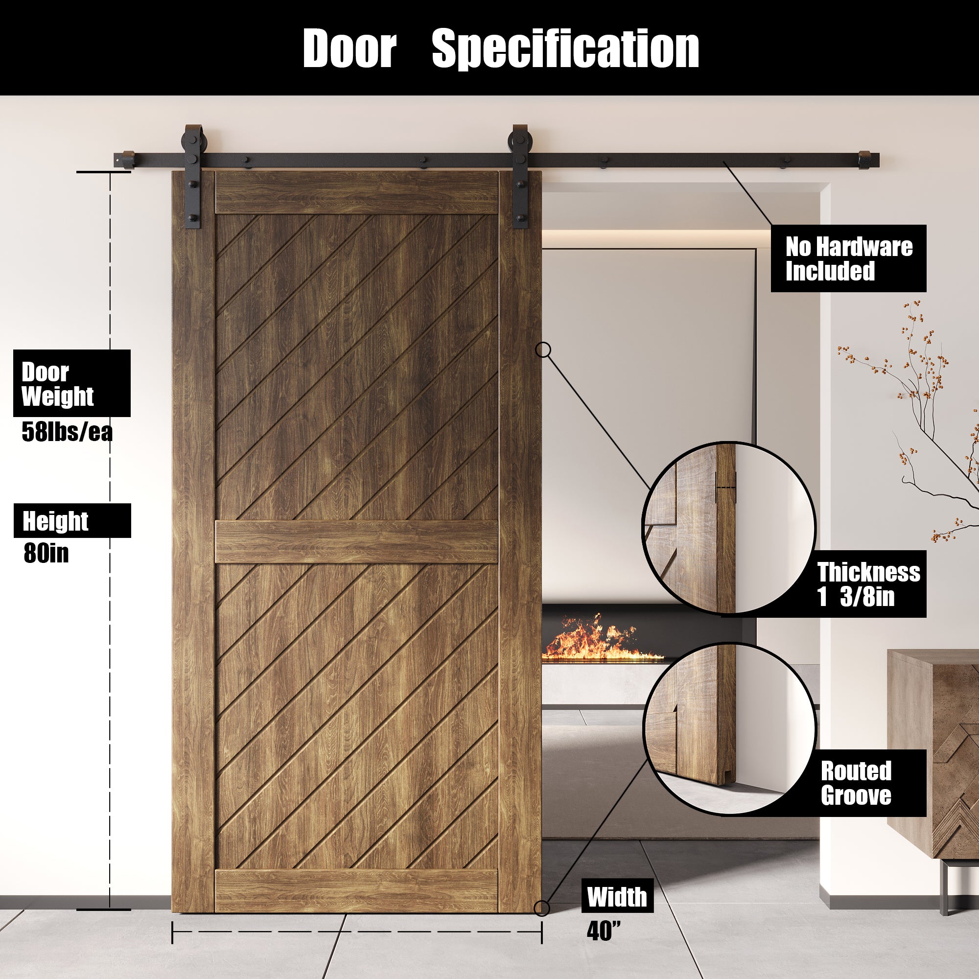 80" Height Dark Walnut Slanted Stripe Design Unassembled & Finished Pine Wood Barn Door (Interior Use Only)