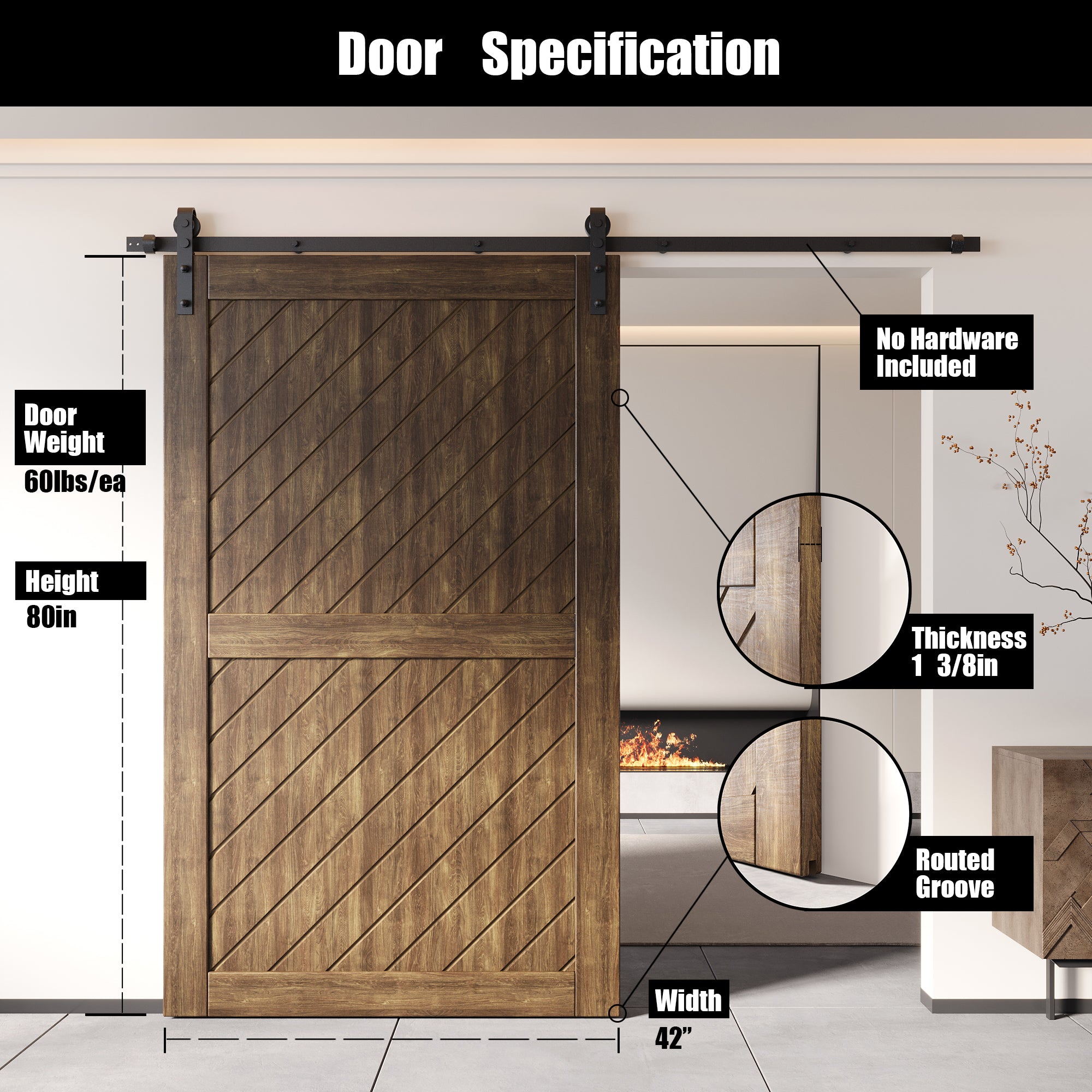 80" Height Dark Walnut Slanted Stripe Design Unassembled & Finished Pine Wood Barn Door (Interior Use Only)