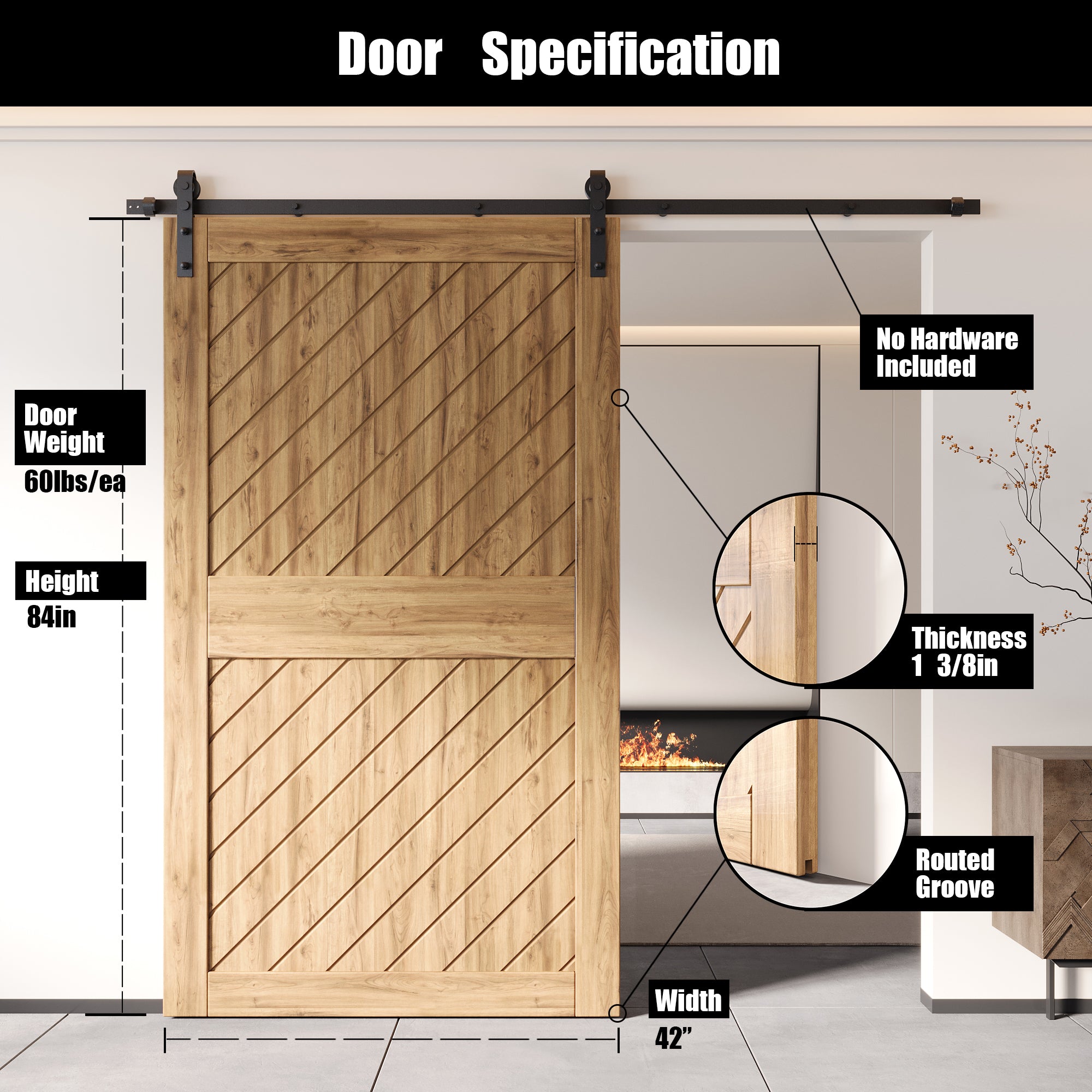 84" Height Unassembled & Unfinished Slanted Stripe Design Pine Wood Barn Door (Interior Use Only)
