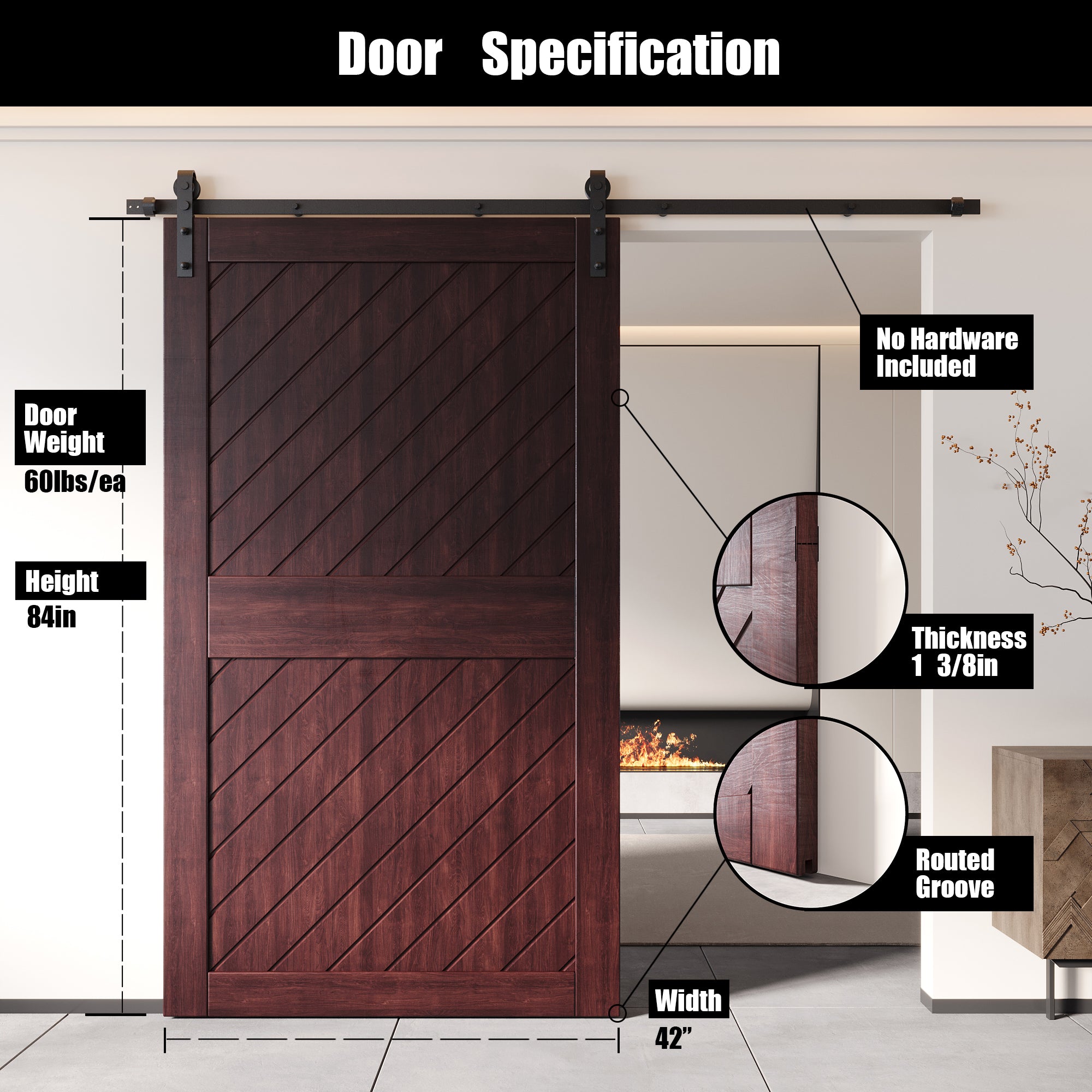 84" Height Red Mahogany Slanted Stripe Design Unassembled & Finished Pine Wood Barn Door (Interior Use Only)