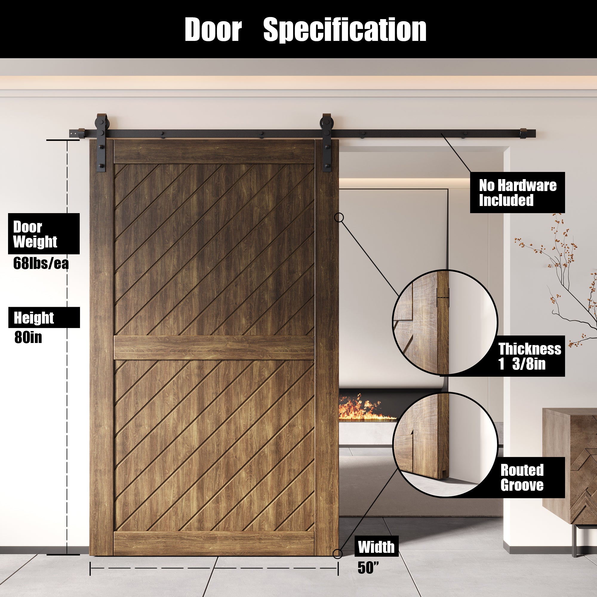 80" Height Dark Walnut Slanted Stripe Design Unassembled & Finished Pine Wood Barn Door (Interior Use Only)