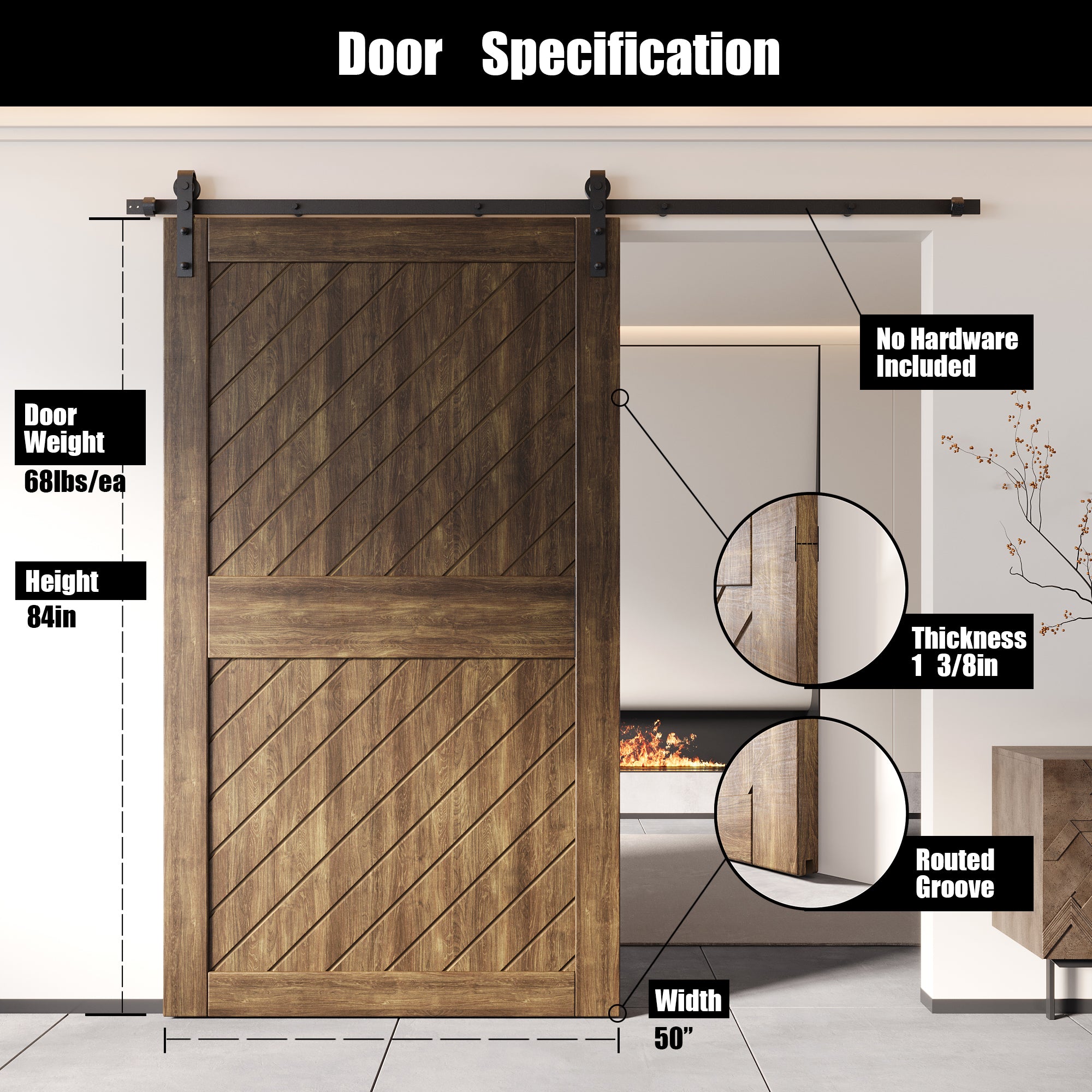 84" Height Dark Walnut Slanted Stripe Design Unassembled & Finished Pine Wood Barn Door (Interior Use Only)