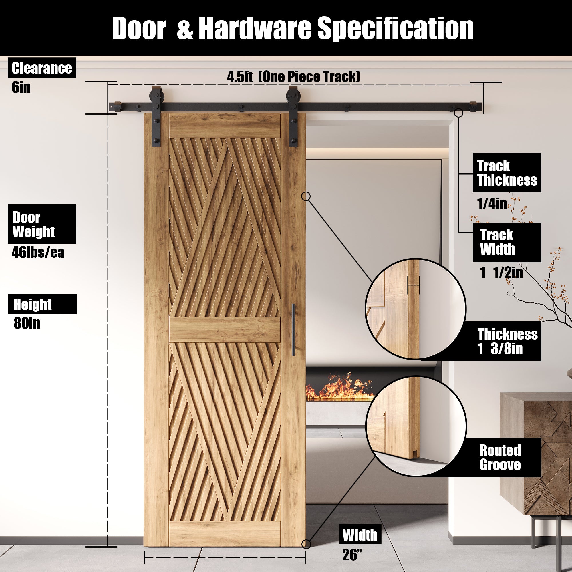 80" Height Diamond Design Unassembled & Unfinished Pine Wood Barn Door with Non-Bypass Installation Hardware Kit(Interior Use Only)