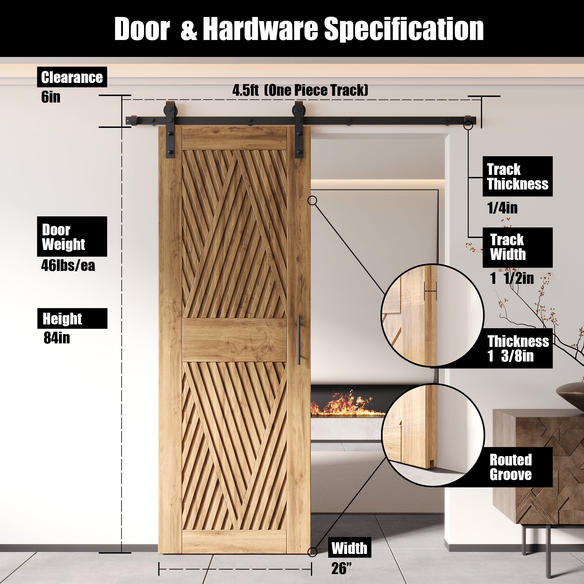 84" Height Diamond Design Unassembled & Unfinished Pine Wood Barn Door with Non-Bypass Installation Hardware Kit(Interior Use Only)