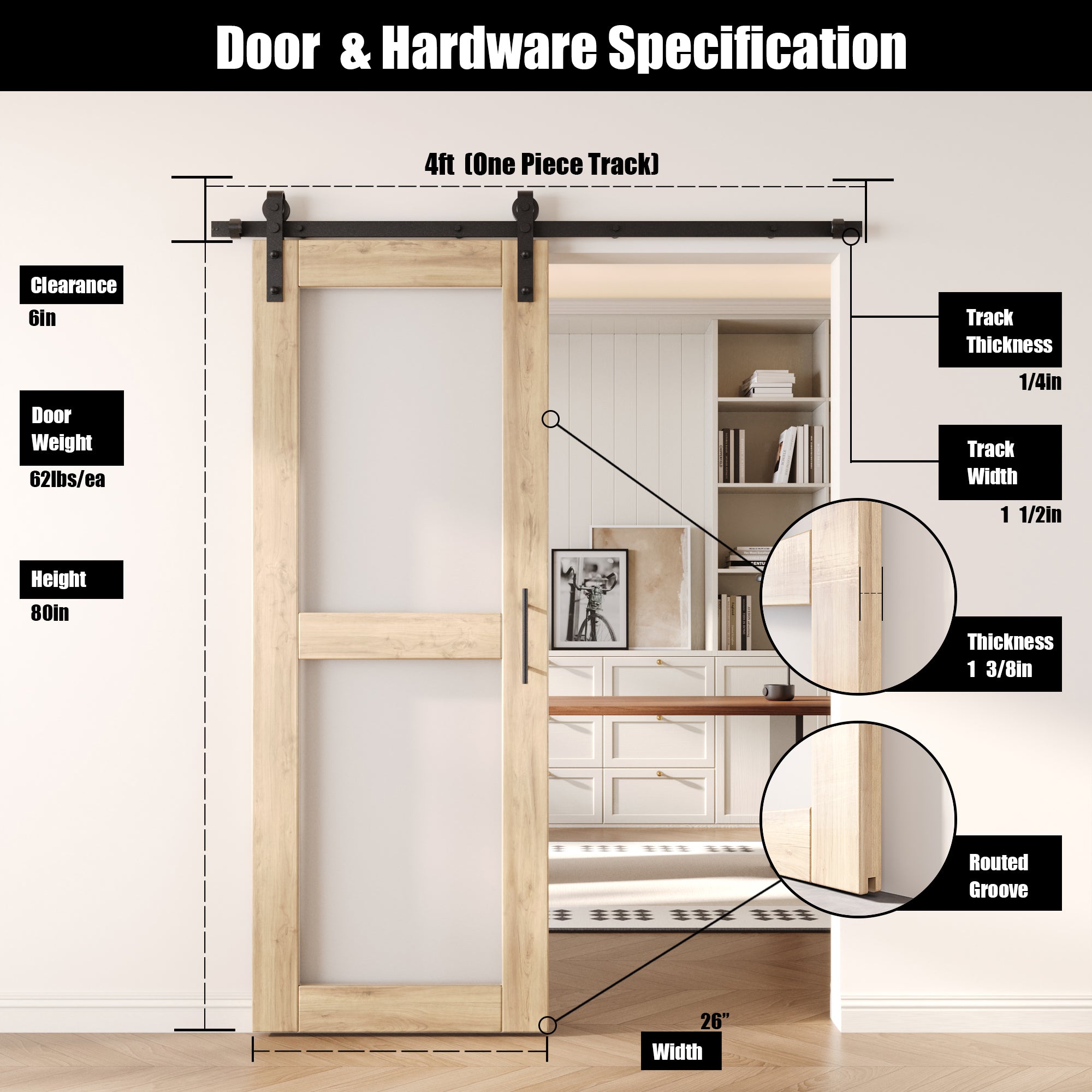 80" Height 2-Lite Frosted Glass Unassembled & Unfinished Pine Wood Barn Door with Non-Bypass Installation Hardware Kit (Interior Use Only)